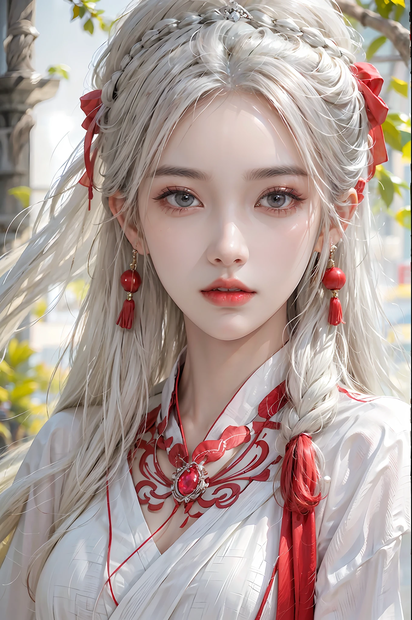 photorealistic, high resolution, 1 girl, solo, hips up, beautiful eyes, white hair, red wedding hanfu, gorgeous accessories, wearing pearl earrings