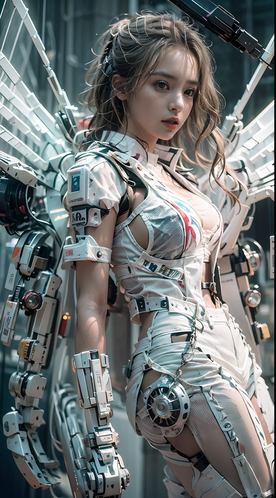 Beautiful woman in white winged mech，(Best quality, Detailed details, Masterpiece, , 4K, Chiaroscuro，The photos are super realistic and realistic, Highly detailed Canon videography )