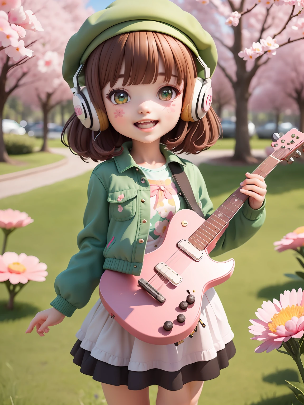 (masterpiece),(best quality),(ultra-detailed), (full body:1.2), 1girl,chibi,cute, smile, open mouth, flower, outdoors, playing guitar, music, beret, holding guitar, jacket, blush, tree, :3, shirt, short hair, cherry blossoms, green headwear, blurry, brown hair, blush stickers, long sleeves, bangs, headphones, black hair, pink flower, (beautiful detailed face), (beautiful detailed eyes),