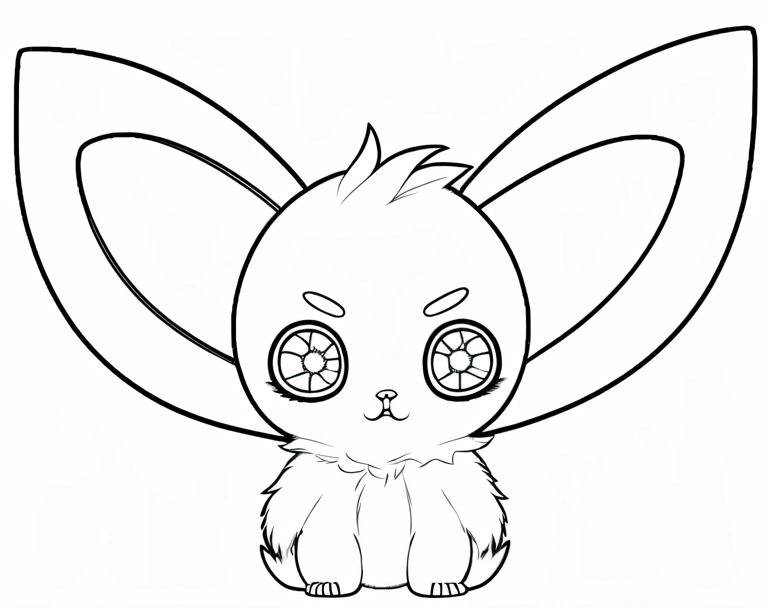 Coloring page of cartoon characters with big ears and big eyes, Coloring book outline, pixie character, coloring book page, line art colouring page, Chupacabra, with pointy ears, Simple lines of art, Eevee, clean coloring book page, Little ghost, cute fumo chibi plush imp, coloring page, contour drawing, style of cute pokemon, linear art