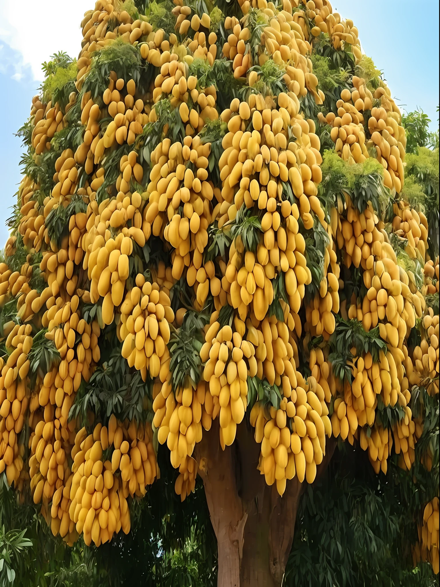 There is a big tree,There are a lot of yellow bananas on it, mangoes, fruit trees, tawa trees, tropical fruit, A beautiful tree, 🐿🍸🍋, rich tree, with fruit trees, Exotic trees, kuntilanak on tree, kuntilanak on bayan tree, ❤🔥🍄🌪, Beautiful image, Incredibly beautiful, golden sacred tree