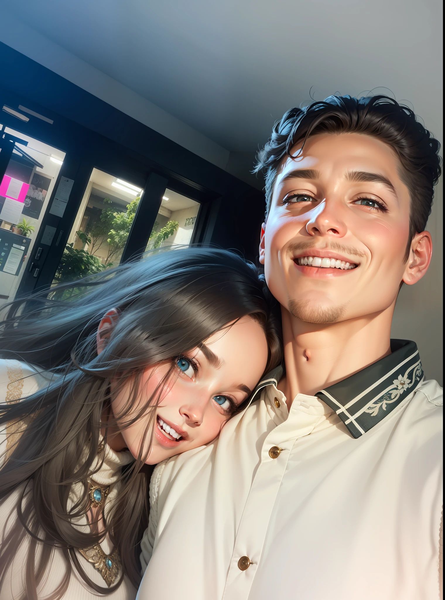 realistic face, realistic hair , realistic smile, realistic background, realistic face, real people, lighting, realistic eyes,realistic face shape, no apple adams,
