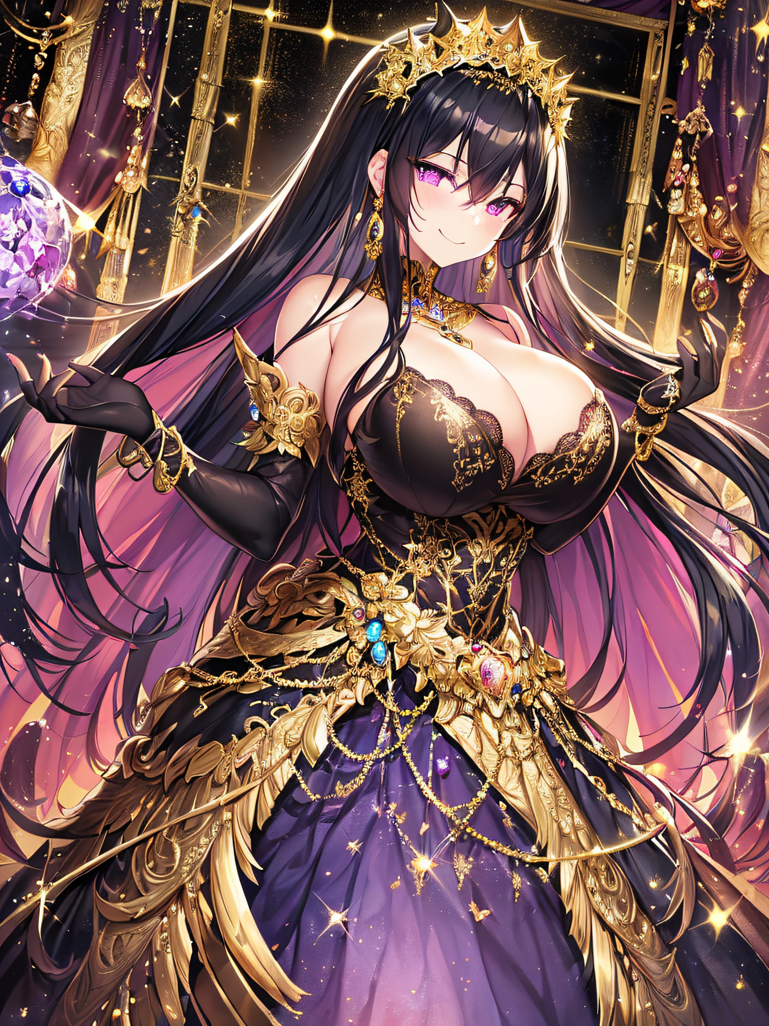 ((anime artstyle)),(Masterpiece),(Best Quality), (Super Detail),((Very Delicate and Beautiful)),Focus on character,Dynamic Angle,Looking at viewer,((Solo)),standing,((full body)),((one arrogant queen in glitter jeweled black and gold gorgeousfull ball gown with voluminous draping skirt)),((BlingBling)),((arrogant)),((naughty smile)),(Purple eyes),Sharp eyes,detailed face and eyes,jewel-like eyes,((Very Long voluminous black Hair)),Straight Hair,((Bangs between eyes)),((gorgeousfull embroidery and lace)),gorgeous corsage,See-through,Gorgeous jewelry ornaments,gorgeousfull BlingBling hair ornament,gorgeousfull BlingBling tiara with jewels,ornate ruffles,((gigantic breasts,Long breasts)),skindentation,((full body)),((hoop skirt,crinoline)),(((gorgeous embroidery and glitter jeweled black and gold gorgeousfull ball gown with voluminous draping skirt))),(full body),