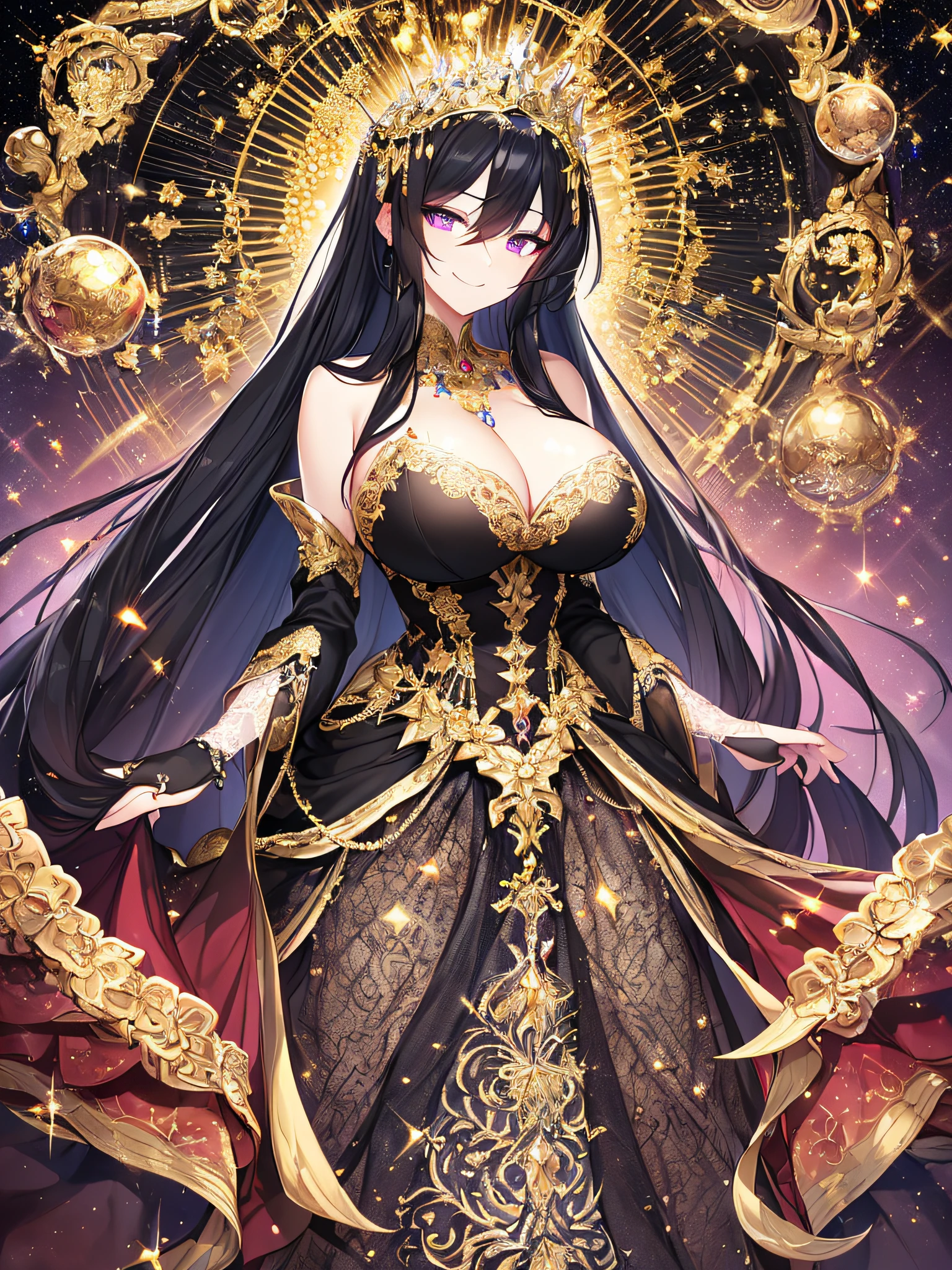 ((anime artstyle)),(Masterpiece),(Best Quality), (Super Detail),((Very Delicate and Beautiful)),Focus on character,Dynamic Angle,Looking at viewer,((Solo)),standing,((full body)),((one arrogant queen in glitter jeweled black and gold gorgeousfull ball gown with voluminous draping skirt)),((BlingBling)),((arrogant)),((naughty smile)),(Purple eyes),Sharp eyes,detailed face and eyes,jewel-like eyes,((Very Long voluminous black Hair)),Straight Hair,((Bangs between eyes)),((gorgeousfull embroidery and lace)),gorgeous corsage,See-through,Gorgeous jewelry ornaments,gorgeousfull BlingBling hair ornament,gorgeousfull BlingBling tiara with jewels,ornate ruffles,((gigantic breasts,Long breasts)),skindentation,((full body)),((hoop skirt,crinoline)),(((gorgeous embroidery and glitter jeweled black and gold gorgeousfull ball gown with voluminous draping skirt))),(full body),