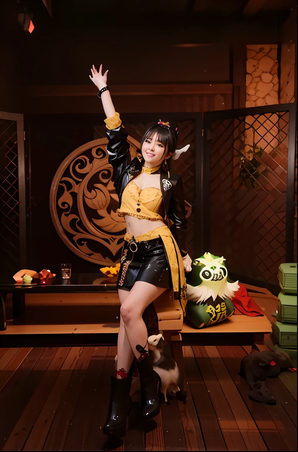 Araphais, dressed in yellow and black, sat in a chair, Also, hanayamata, Blade and soul, ayaka game genshin impact, Ayaka Genshin impact, zhongli from genshin impact, inspired by Park Hua, full-body xianxia, kawaii playful pose of a dancer, hana yata, wearing monster hunter armor,3d effect,of a real,Realistic,Live-action effect