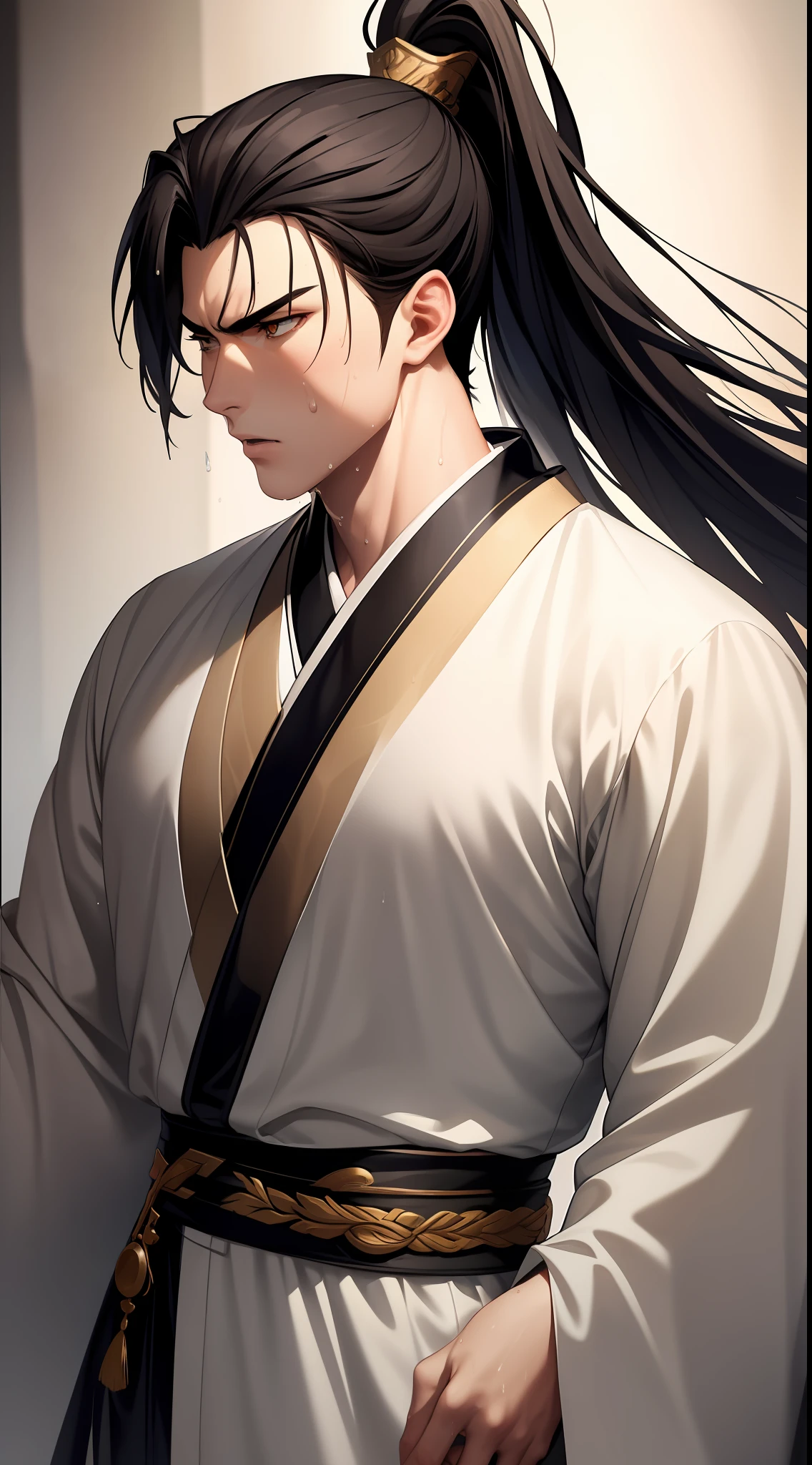 Two-dimensional, anime style, man (male warrior), muscle, correct proportions, face details, martial arts, high ponytail hairstyle, sweating, sweaty face, drooling, neck details, with Adam's apple, wet, wet, Hanfu costume, long robe, embroidered robe, dragon robe, clothing details, collar, long sleeves, game quality, swordsman demeanor, light and shadow tracing, ray tracing, detail glow, CG rendering, hair details, long black hair, golden eyes, sweaty face, handsome, handsome, sweat beads slipping down the neck, (juvenile feeling), complex clothing, wet, wet, perfect composition, refinement, high quality, more details, a lot of details, complex background, atmosphere,