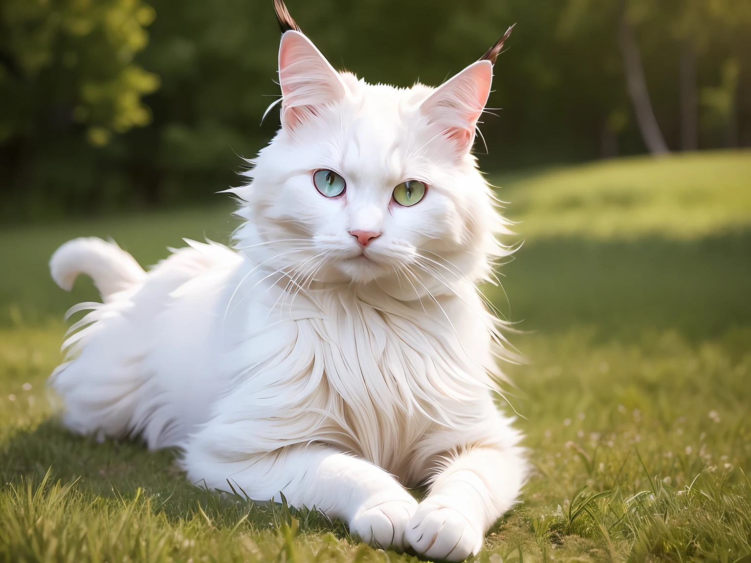 1cat, Maine Coon, Coon Cat, Maine Shag, white cat, cat eyes, light blue eye, Heterochromatic, pupils in a meadow, sit, during the day, sitting on the prairie, long hair, beautiful detailed eyes, extremely detailed eyes and face, light on face, cute, best quality, masterpiece, illustration, an extremely delicate and beautiful, extremely detailed ,CG ,unity ,8k wallpaper, Amazing, finely detail, masterpiece, best quality, official art, extremely detailed CG unity 8k wallpaper, absurdres, incredibly absurdres, huge filesize, ultra-detailed, highres, extremely detailed, (best quality), (realistic, photo-realistic:1.2), 8k, soft lighting, high quality, official art, extremely detailed CG unity 8k wallpaper, cinematic lighting.
