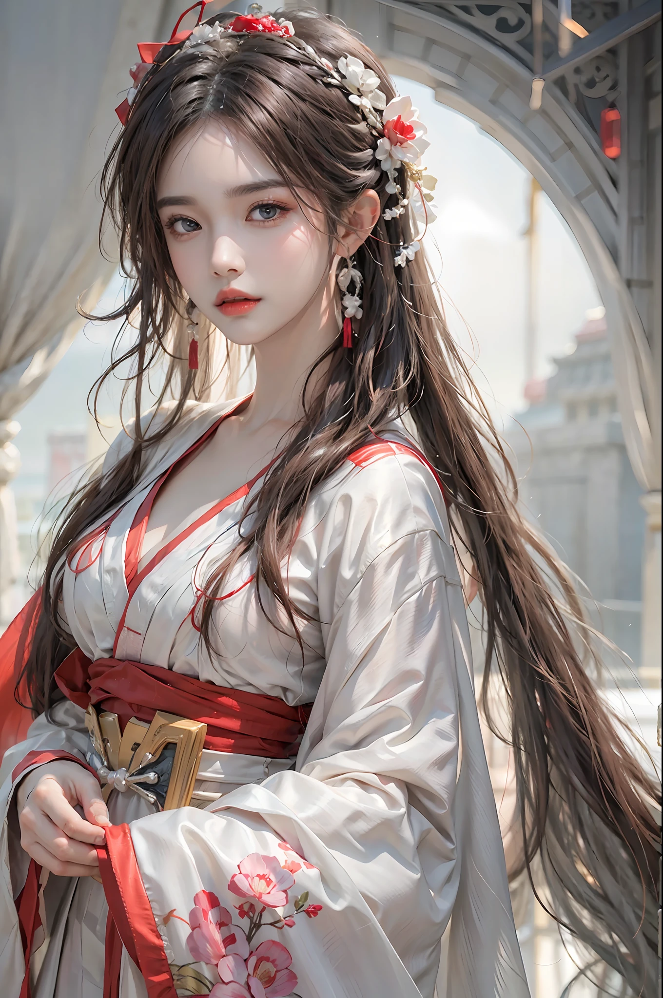 photorealistic, high resolution, 1 women, solo, hips up, beautiful eyes, long hair, red wedding hanfu, gorgeous accessories, wearing pearl earrings