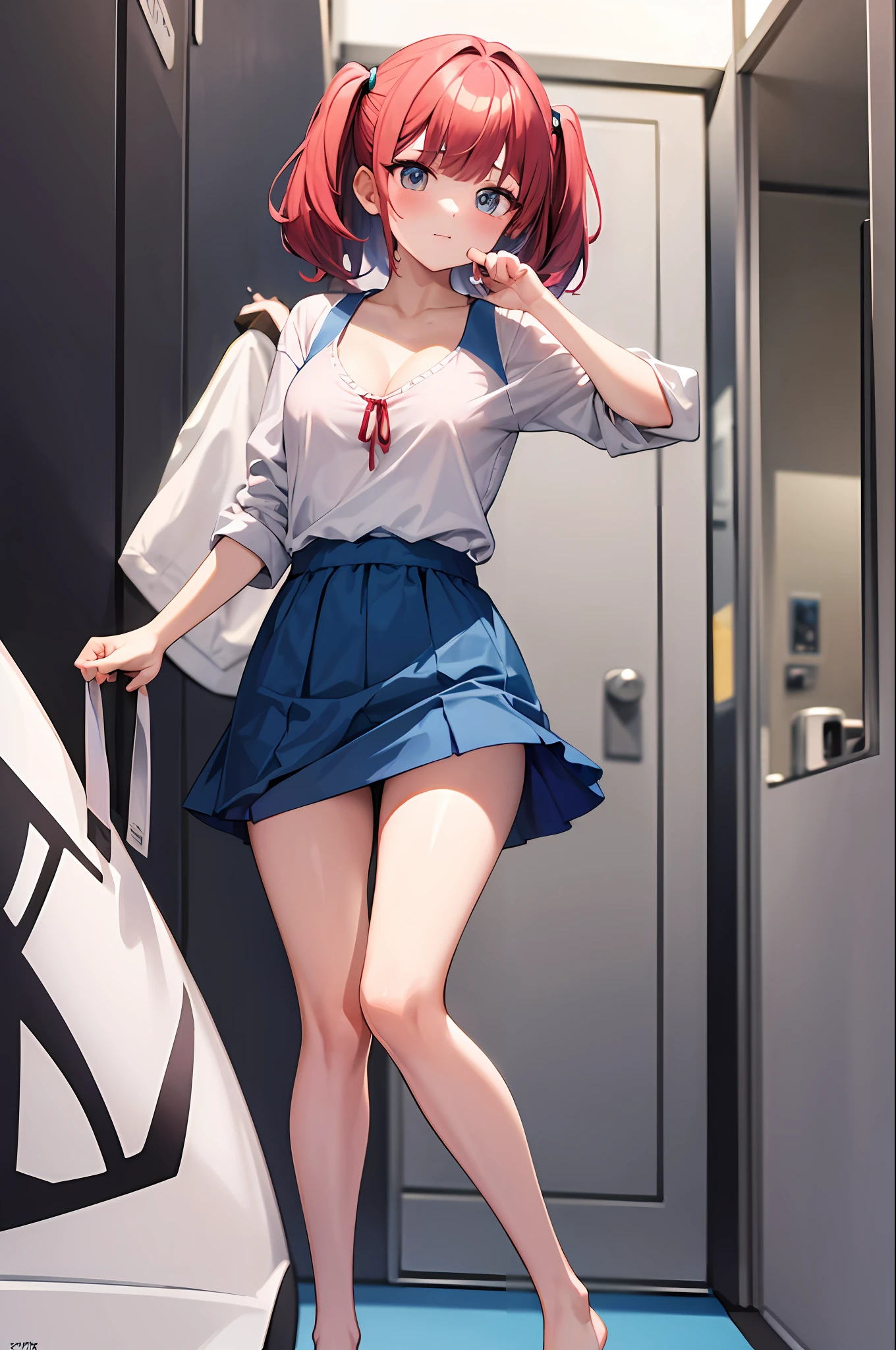1girl, (clothes tug:1.4), implied pantyshot, legs apart, Tall body, cleavage, tiny breast, open clothes, casual wear, Medium Blue skirt, gym  , masterpiece, best quality, absurdres,