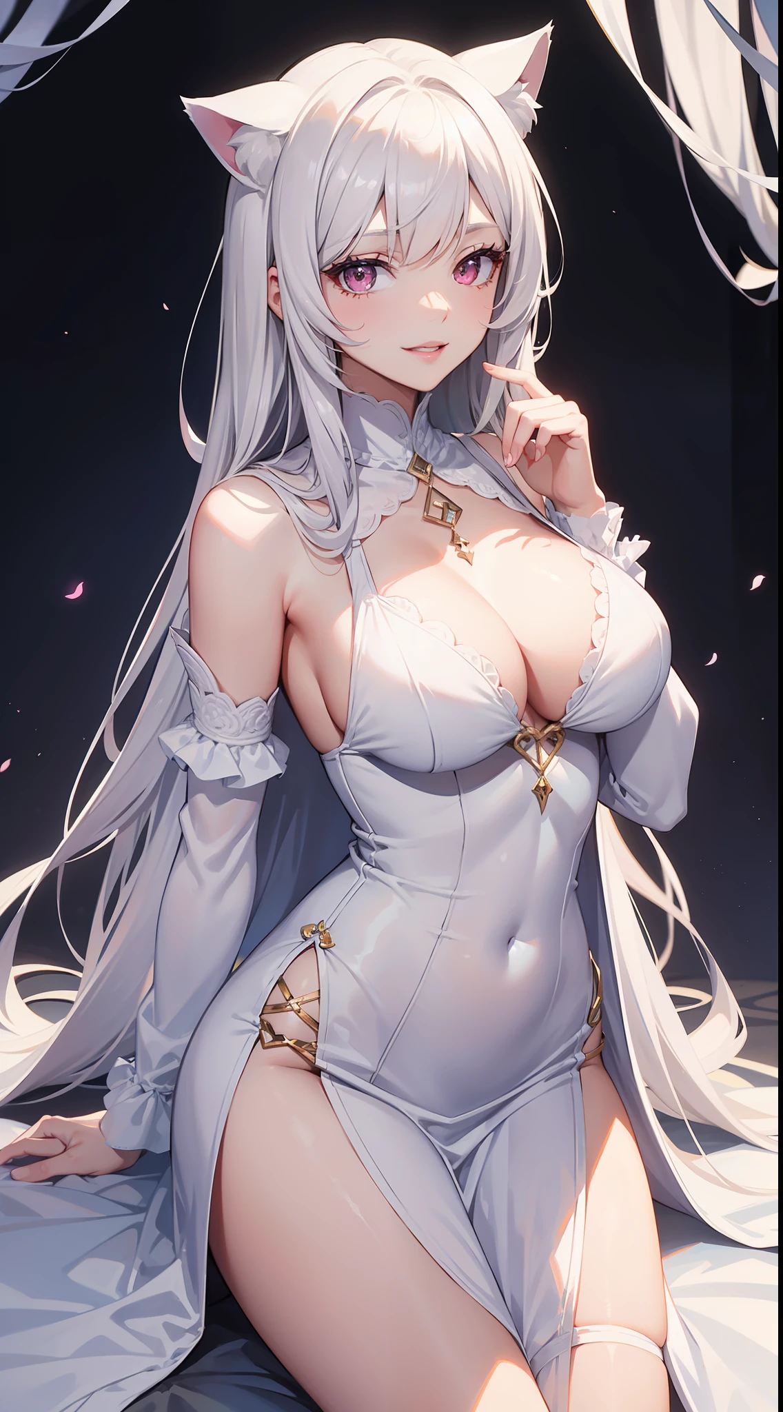 Adult woman, Long white hair, cat ears, pink eyes, white luxury dress, open breasts, white lipstick, ssmile, Masterpiece, hiquality