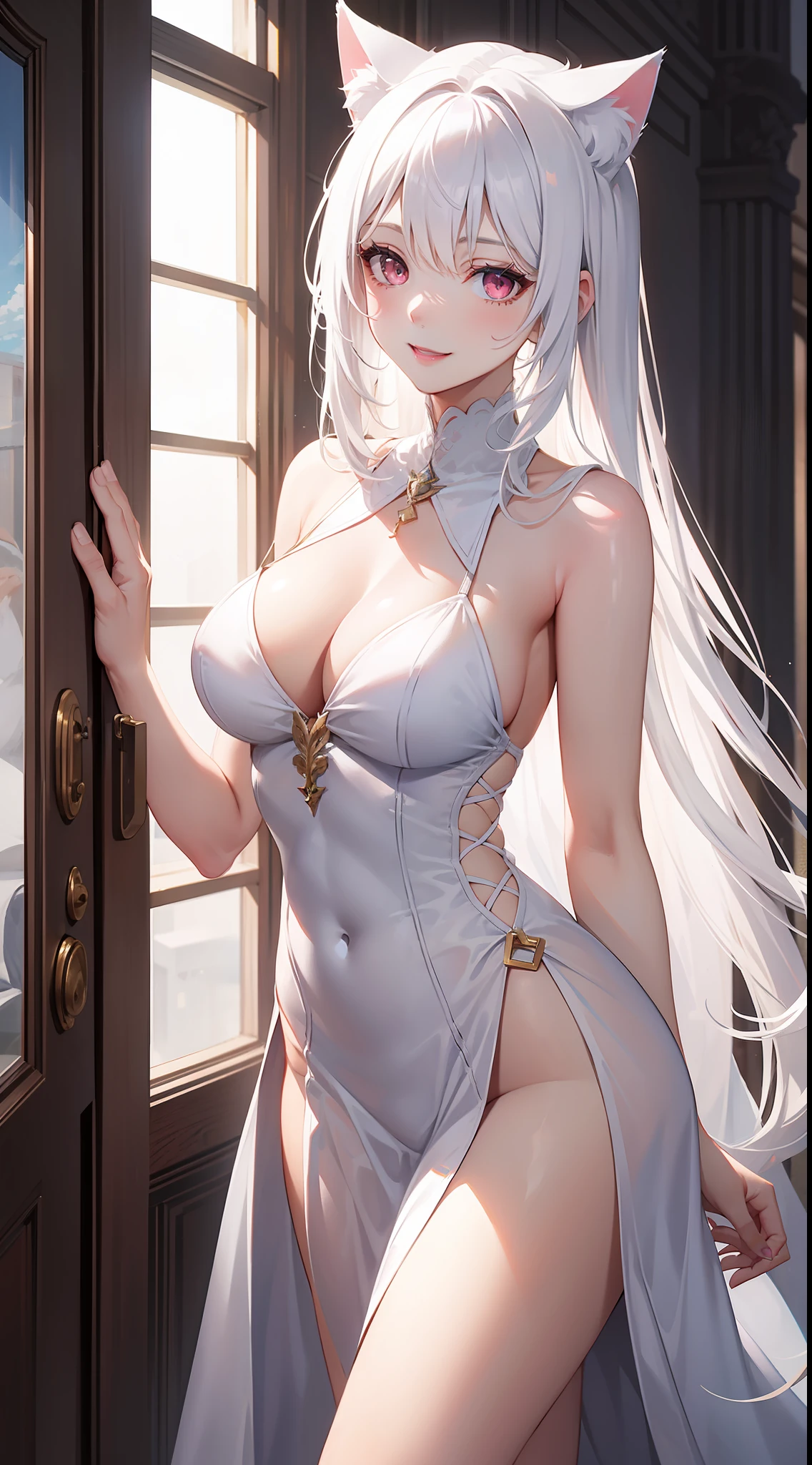 Adult woman, Long white hair, cat ears, pink eyes, white luxury dress, open breasts, white lipstick, ssmile, Masterpiece, hiquality