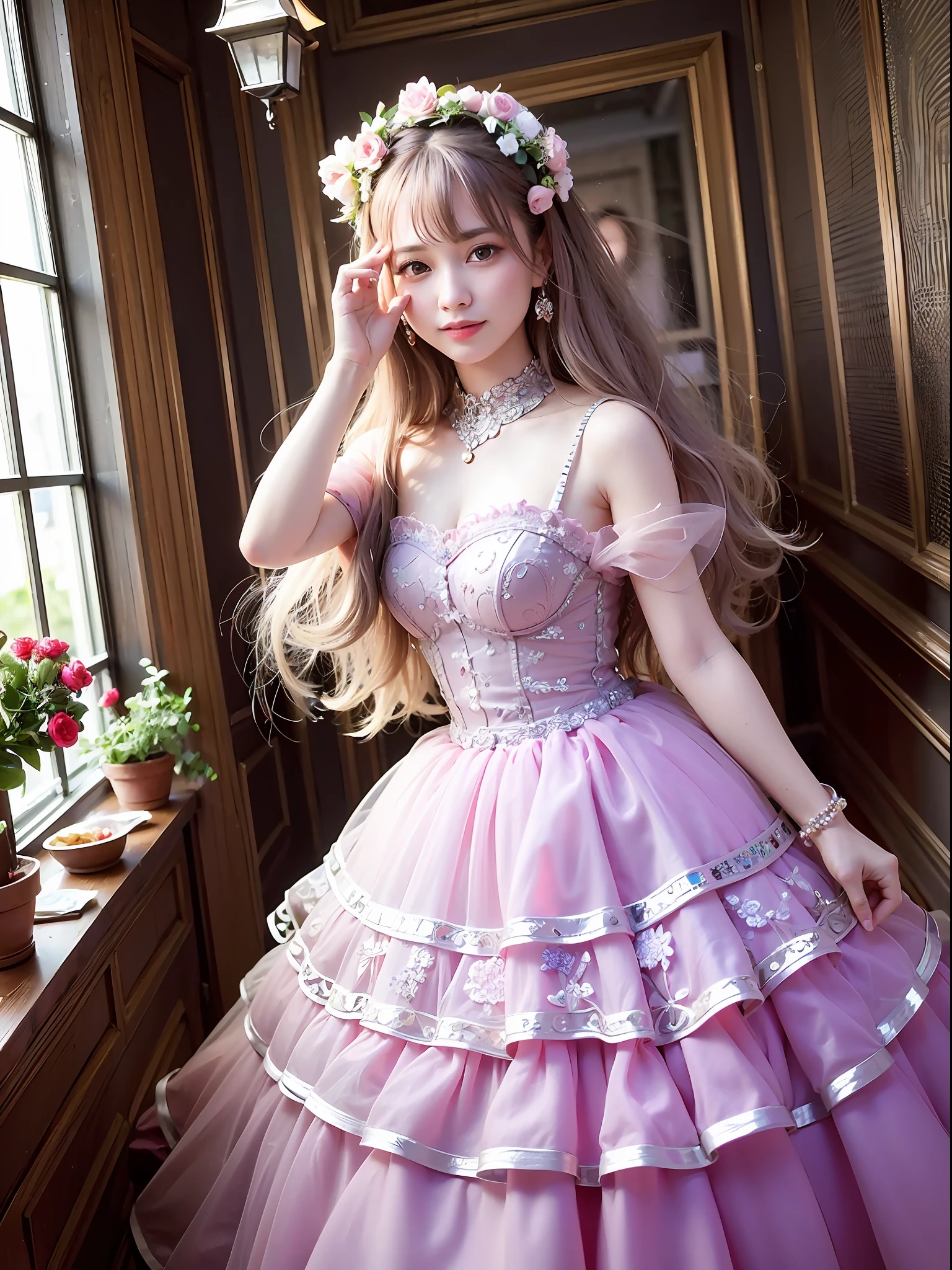 (dynamicposes:1.4)、 (dynamic ungle:1.4)、hyper detailed background、(inside in room:1.2)、((top-quality、8K、masterpiece:1.3))、1girl in、A smile、full body Esbian、Slim Faces、Pretty women、(Silvery hair:1.1)、hyperdetailed face、A detailed eye、二重まぶた、blured background、Slim Faces、Cute、extremely delicate and beautiful、A mischievous grinning face、Overall、ultra-detailliert、4K、masutepiece、small mouth、(Colossal tits)、(Formal Gowns、doress、drape、Sheer dresses:1.2)、hime-cut、Small smiling mouth、a small face、tiarra、
