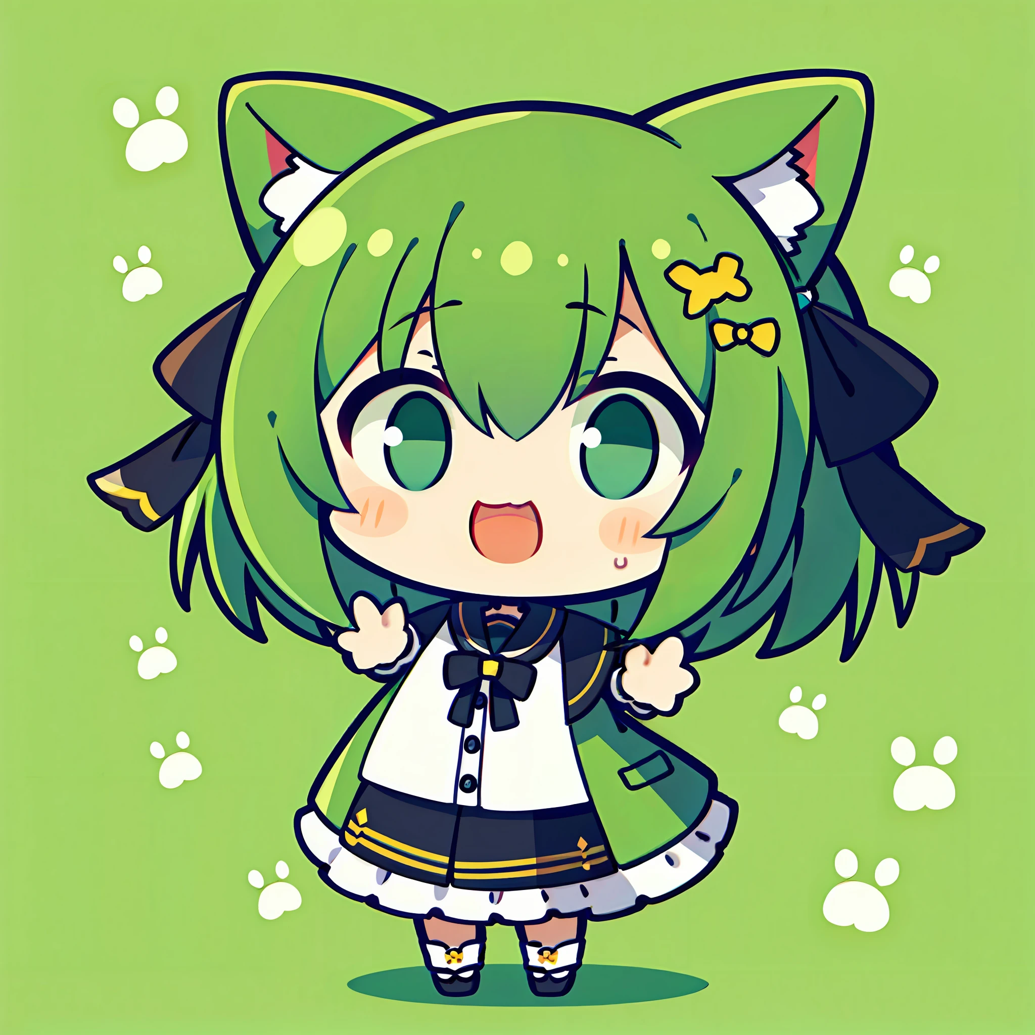masterpiece, top-quality, Chibi, full body Esbian, large mouth、sad Facial expression、Sad face、Mass sweat、Full body depiction, 1girl in、Jade-colored jacket、cartoon bone、 Black cat ears,Chibi:1,Chibikyara, Green Hair Anime Girl, cowboy shot, , ribbon-trimmed sleeves, Ribbon trim, side locks, A smile, dynamicposes,