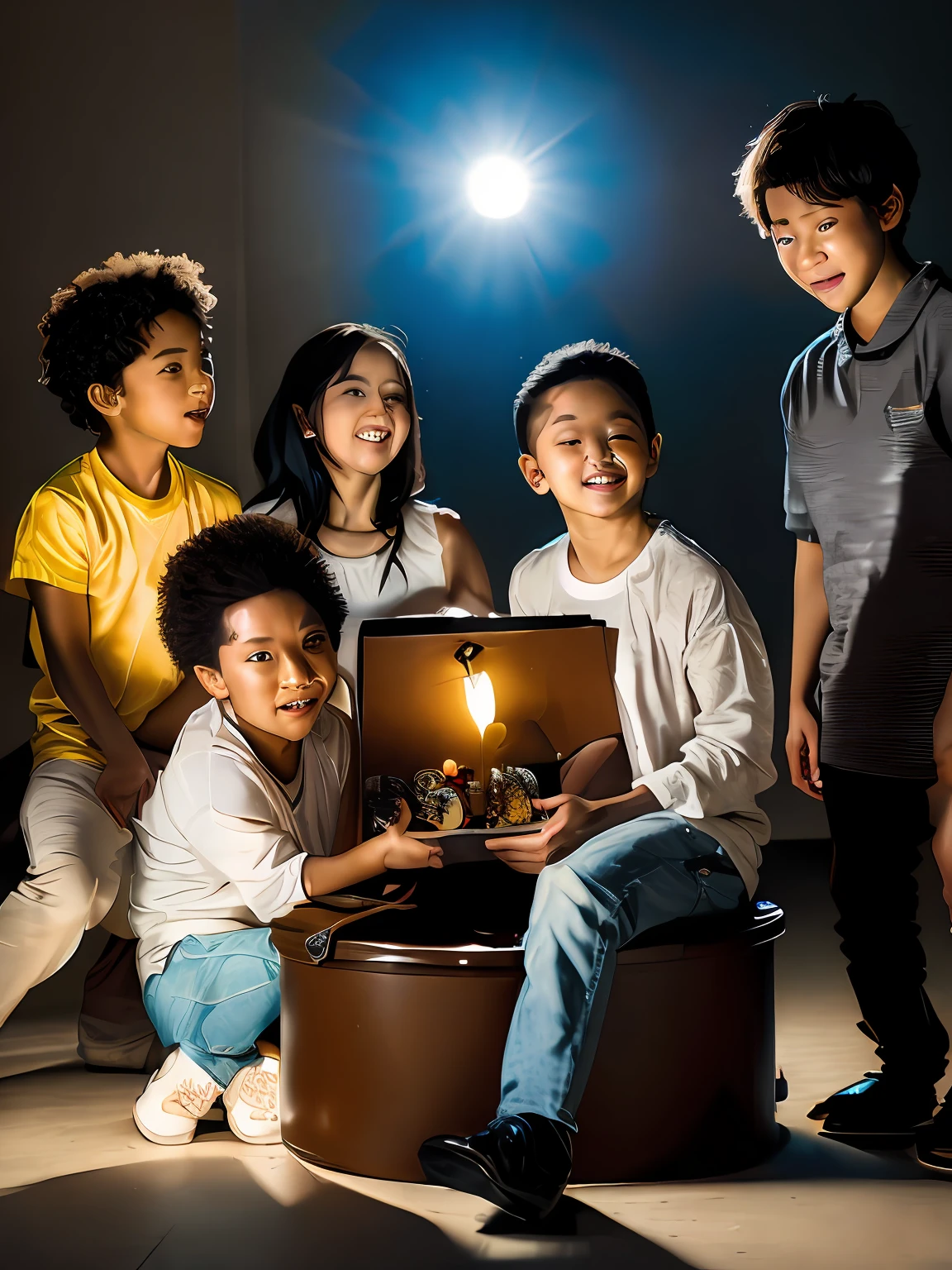 3 boys & 3 girls, ((((((African American, Hispanic, Asian, Caucasian, Indian, African)))))), surprised sitting in a circle around a large toybox with a light shining out of it (Rembrandt Lighting), zeiss lens, ultra realistic, (high detailed skin:1.2), 8k uhd, dslr, Dramatic Rim light, high quality, Fujifilm XT3,