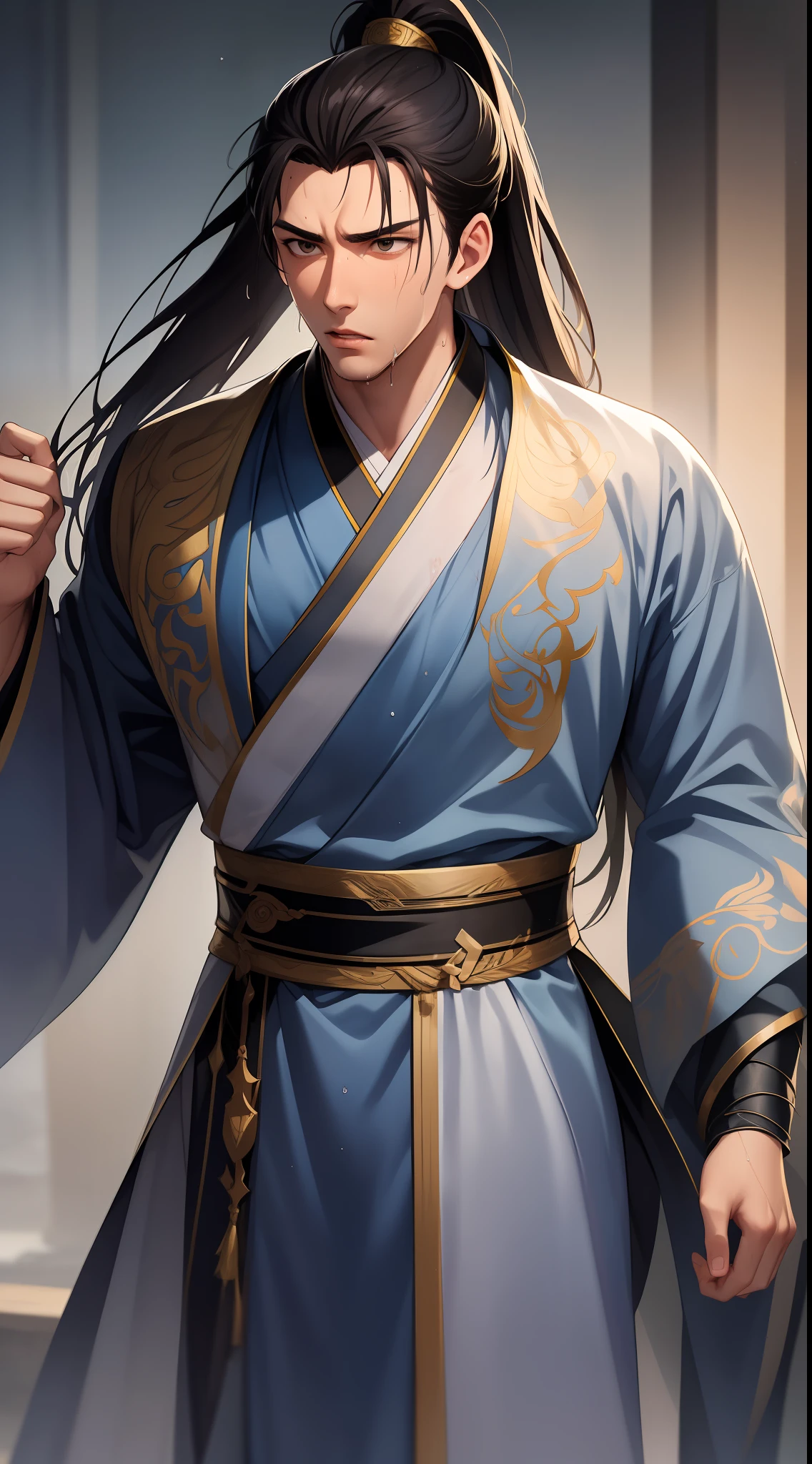 Two-dimensional, anime style, man (male warrior), muscle, correct proportions, face details, martial arts, high ponytail hairstyle, sweating, sweaty face, drooling, neck details, with Adam's apple, wet, wet, Hanfu costume, long robe, embroidered robe, dragon robe, clothing details, collar, long sleeves, game quality, swordsman demeanor, light and shadow tracing, ray tracing, detail glow, CG rendering, hair details, long black hair, golden eyes, sweaty face, handsome, handsome, sweat beads slipping down the neck, (juvenile feeling), complex clothing, wet, wet, perfect composition, refinement, high quality, more details, a lot of details, complex background, atmosphere,
