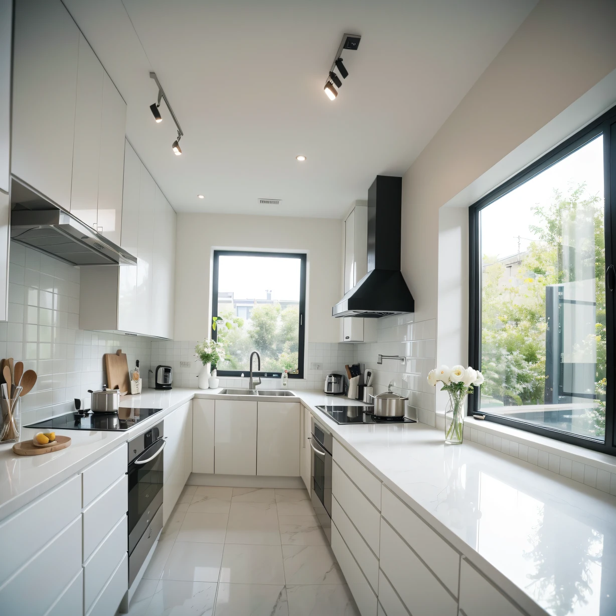 ,masterpiece, best quality,8k, ultra highres,This is a kitchen with a very modern minimalist style。Bright white walls with simple and atmospheric stainless steel kitchenware,It shows the quality and elegance of modern life。Refreshingly lit,The entire space is like a work of art。Spacious worktop,A pot of blooming flowers is arranged,Adds a little life and warmth to this kitchen。Whether it's cooking a delicious meal or enjoying a laugh from the family,This modern minimalist kitchen will become your culinary paradise。