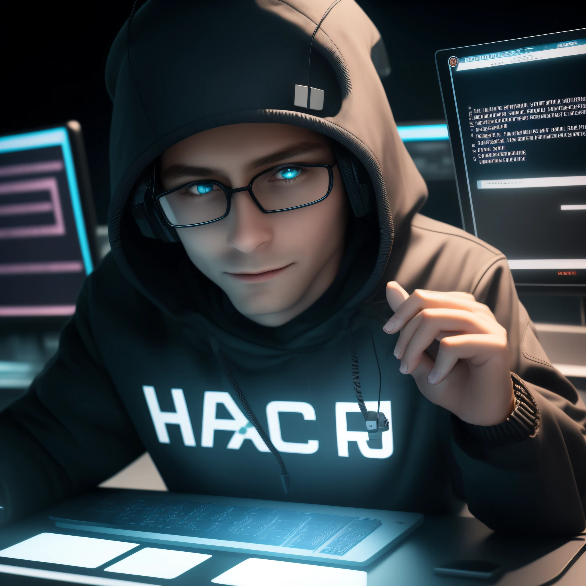 There was a man in a hoodie sitting at his desk,holding a laptop in his hand, hacking, cyberpunk hacker, fvckrender, HDRP rendering, 3 d render of jerma 9 8 5, artistation render, hacknaut cyberpunk, high res render, hyperreal rendering, hyper realistic rendering, hacking, digital art render, cg render, typical cryptocurrency nerd, hacking