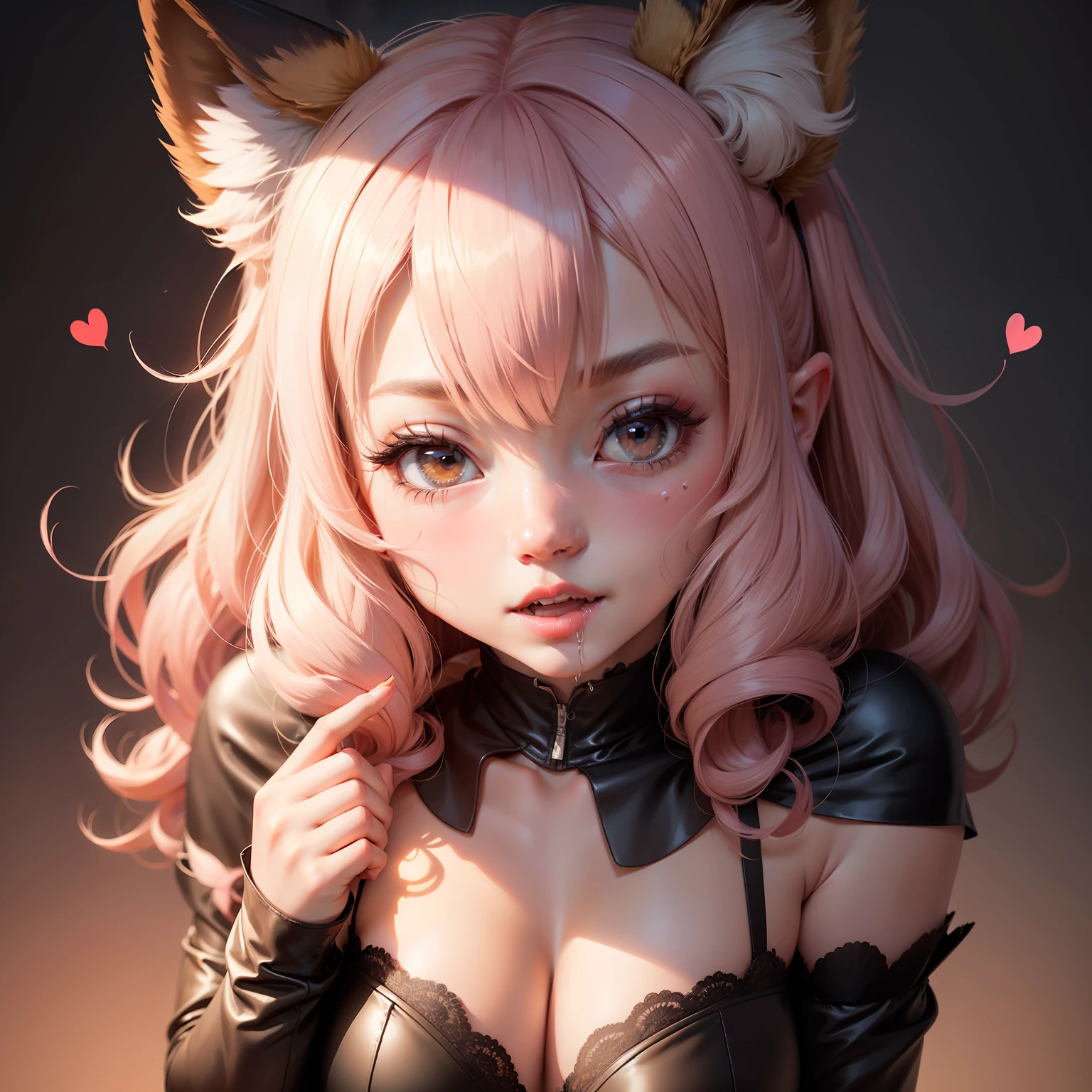 hair bobbles, wince, solid circle eyes, fake animal ears, light smile, ear blush, fang, hair flaps, bangs, curly hair, mask removed, fox mask, rolling eyes, pointy ears, nosebleed, blush, drunk, tongue out, parted lips, pain, ear blush, full blush, heart in eye, heavy breathing, moaning, drooling, torogao, naughty face, saliva trail, cheek-to-cheek, chin grab, full-face blush, oral invitation, Surrealism, drop shadow, anaglyph, stereogram, tachi-e, pov, atmospheric perspective, first-person view, 8k, super detail, UHD, high quality, high details, textured skin