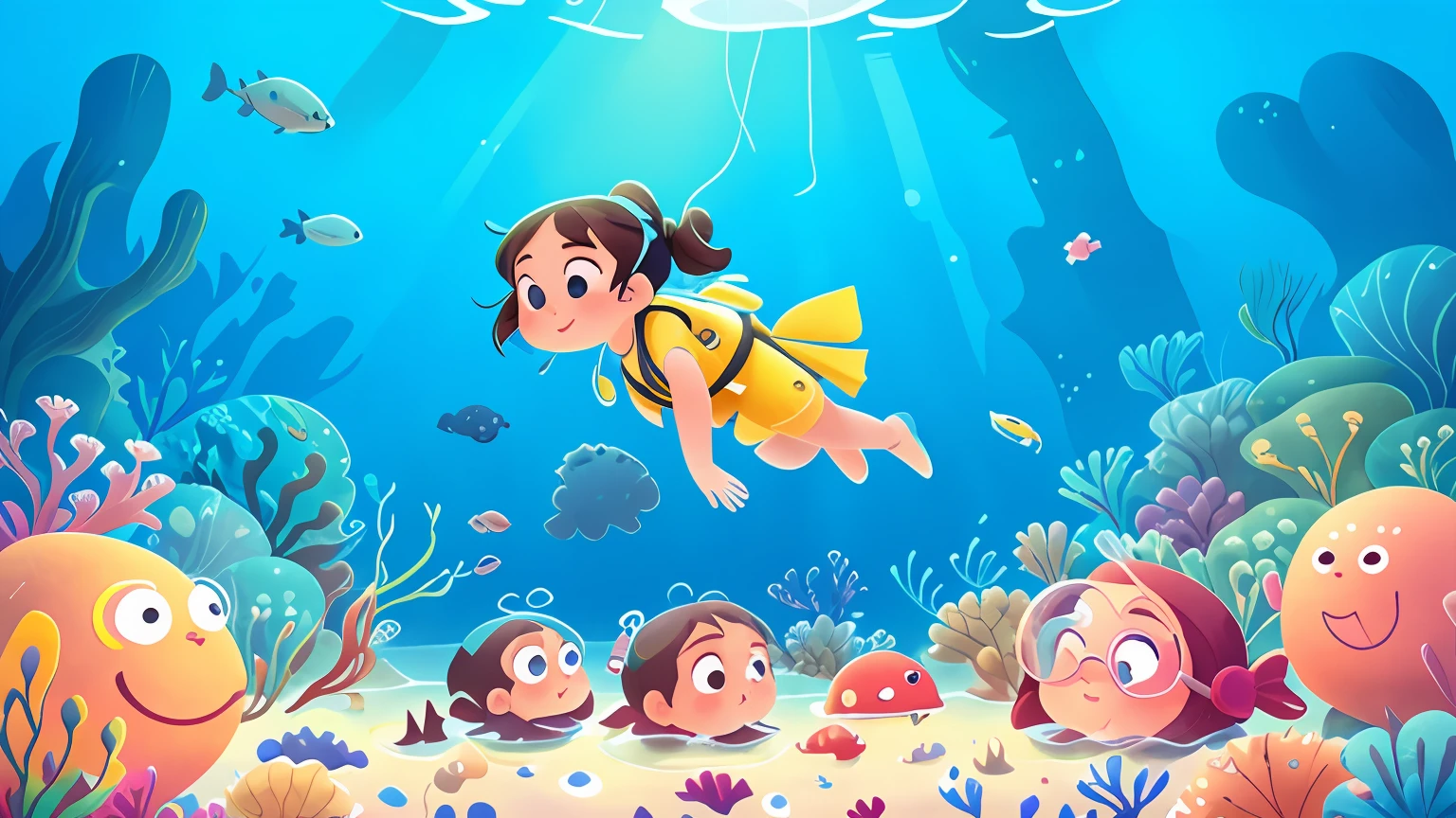 illustration of a girl in a diving suit and snorg in the ocean, with pigtail hair, under the sea, a diver is under the sea, an diver is under the sea, swimming deep underwater, bubbly underwater scenery, in the sea, swimming underwater, under water swimming, an astronaut is under the sea, underwater scene, under the ocean, in the ocean, underwater