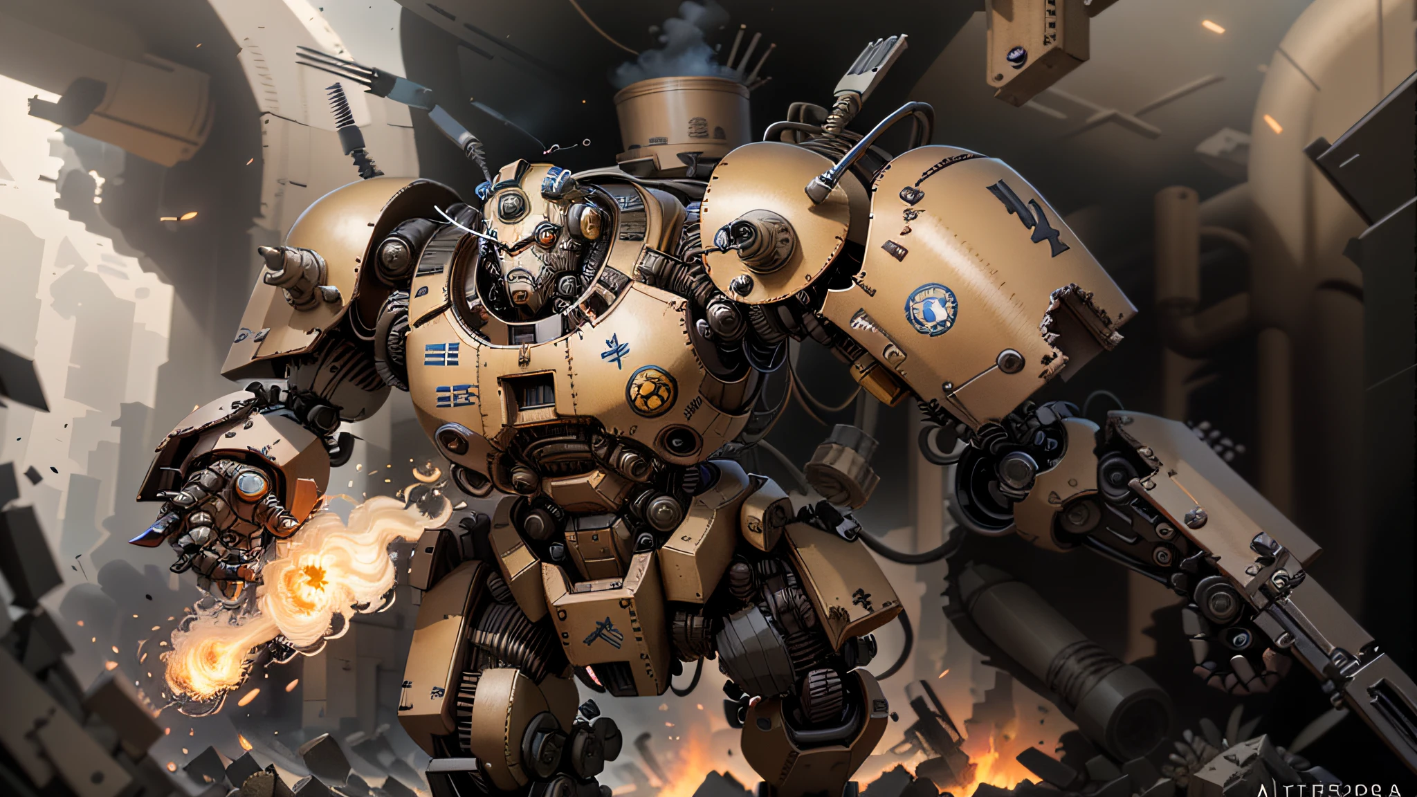 There was a robot running with a fire in his hand, painterly humanoid mecha, Mecha Inspiration, Machinary, Alexander Ferra Mecha, mecha art, Mecha warrior, portrait of a mech, alexandre ferra white mecha, warhammer 40k style, warhammer 4 0 k artwork, anfas portrait of a mech warrior，steampunc