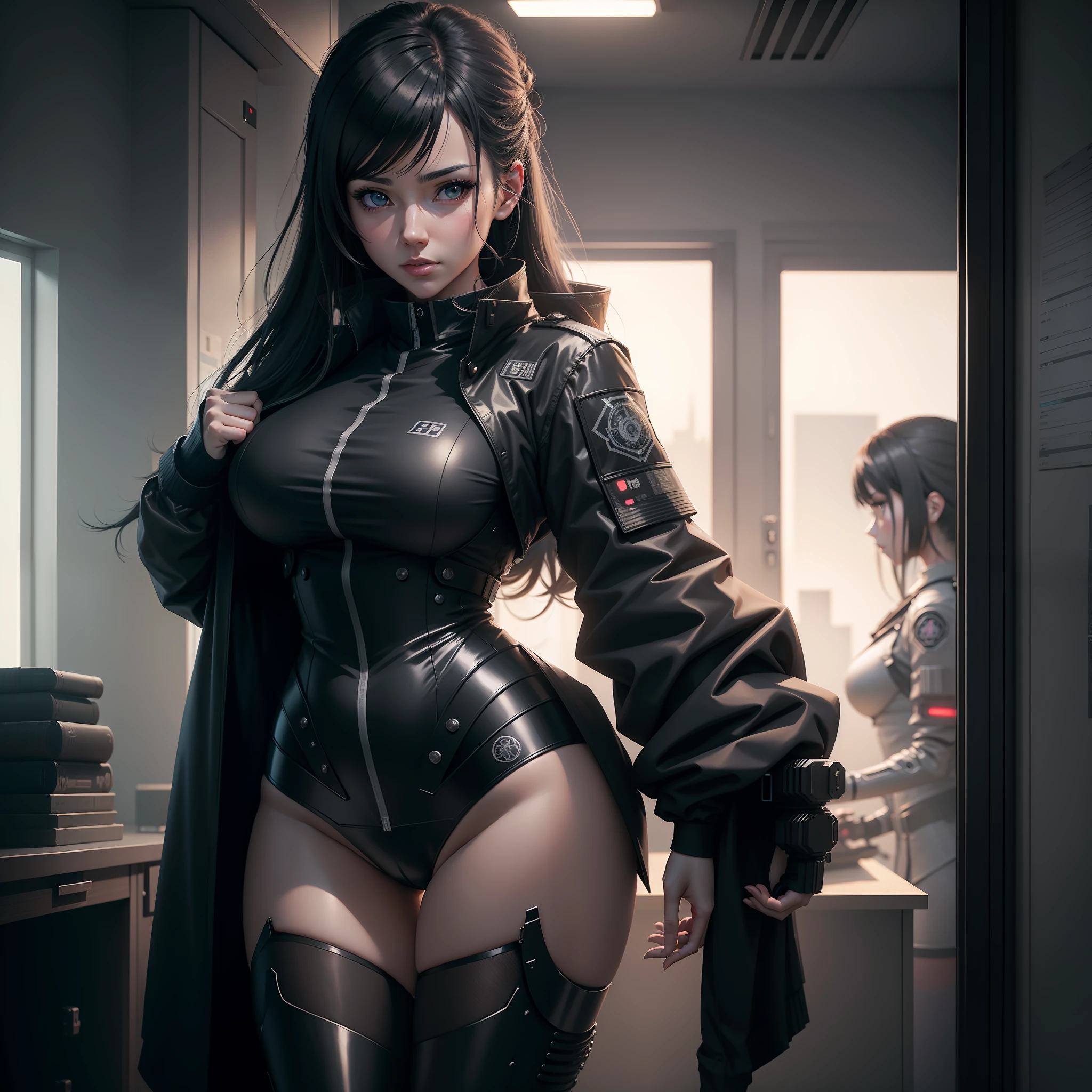 Anime - Style woman in black uniform poses in room, an oppai cyberpunk, trending on cgstation, Realistic anime 3 D style, photorealistic anime girl rendering, Detailed digital anime art, trending at cgstation, Photorealistic anime, seductive anime girls, cyberpunk anime girl, Biomechanical OPPAI, Digital cyberpunk anime art, Smooth anime CG art，Transparent underwear