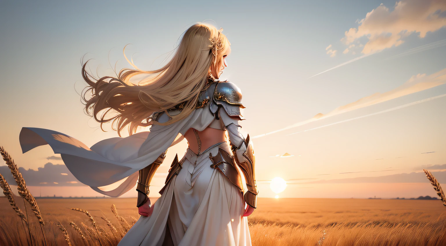 A blonde girl in delicate white armor，Standing in a wide field of golden-waisted high wheat。Sunset on the front，Back photo，without showing face