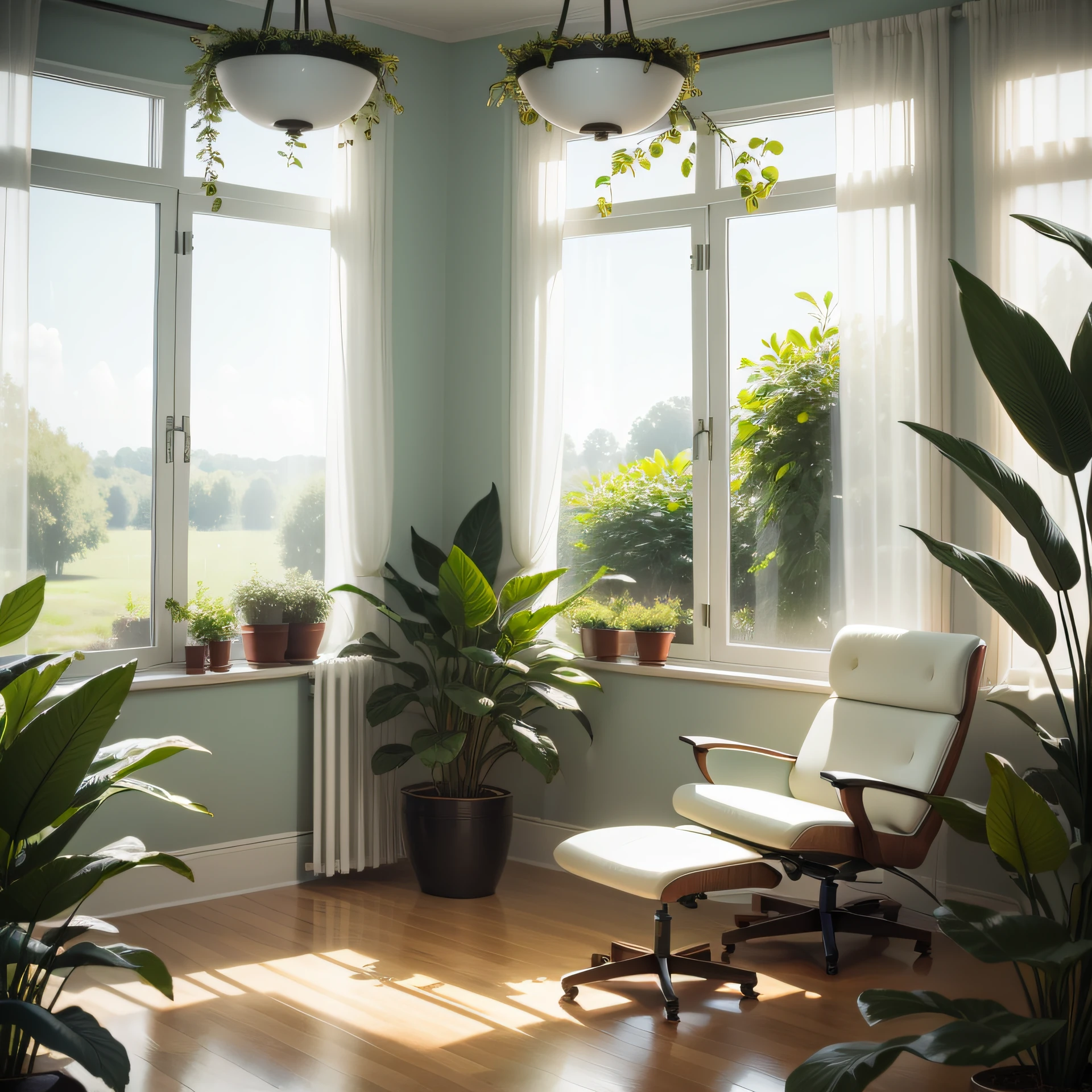 the view from a relaxation room, plants, white and green, beautiful background
