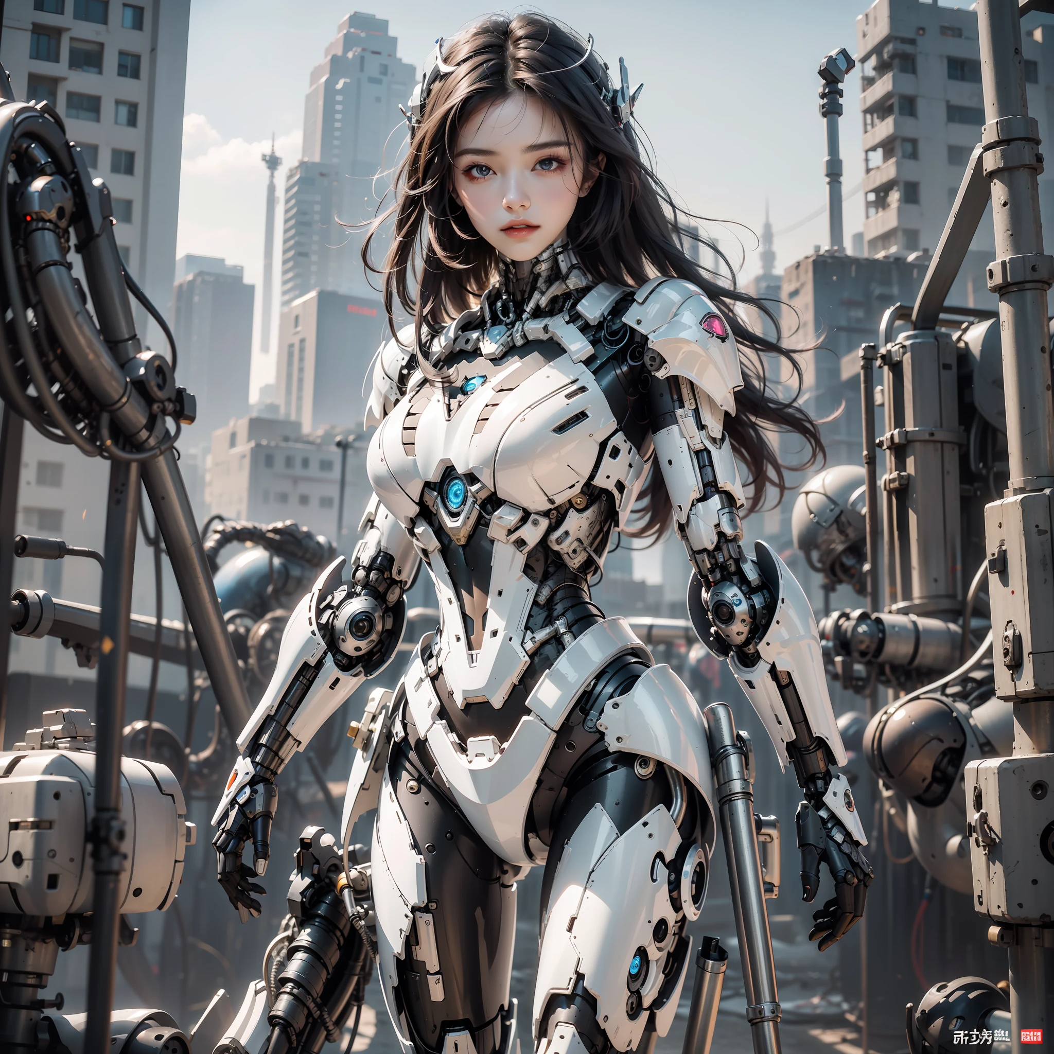 (masterpiece), (best quality), perfect face, perfect body, 1girl, beautiful girl, stand, posing, mechanical armor, cyborg, white armor, robotic, hard lighting, sunny day, outdoor, sexy