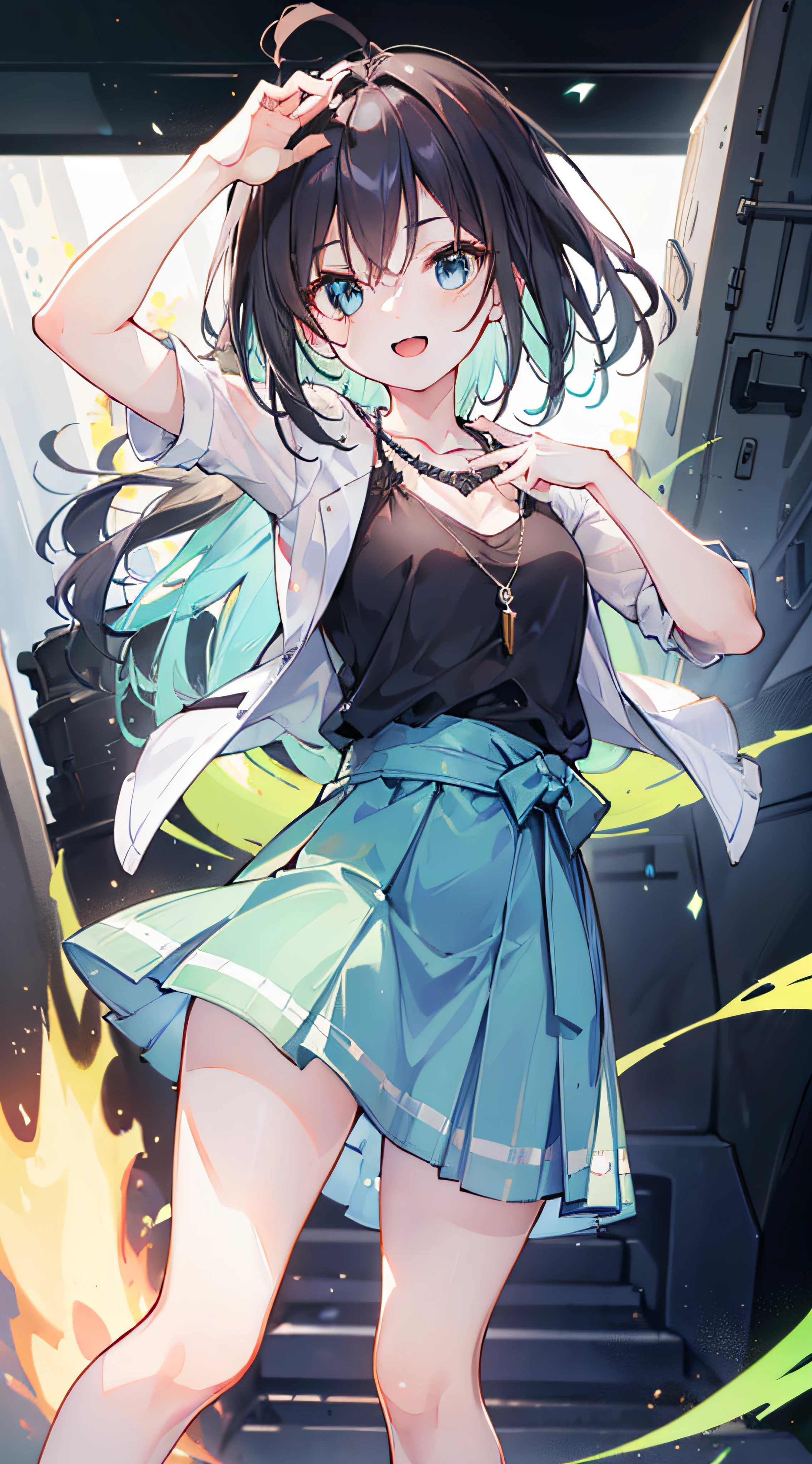 ((top-quality)), ((masterpiece)), (detaileds:1.4),Style image of woman in white blouse and light blue skirt in bright city,Light shines on the whole figure ,Long, long hair to the waist,Hair Color Brown,Wearing a small necklace,long skirt, long skirt,summer clothing ,Looking at the camera、a smile、Woman laughing, modern casual clothing, casual clothing style, casual modern clothing, Laughing with open mouth, HDR(HighDynamicRange),Ray traching,NVIDIA RTX,Hyper-Resolution,Unreal 5,sub-surface tering,PBR Texturing,Postprocess,Anisotropy Filtering,depth of fields,Maximum clarity and sharpness,multi-layer texture,Albedo and specular maps,Surface Shading,Accurate simulation of light-material interfectly proportions,Octane Rendering,Two-tone lighting,Wide aperture,Low ISO、White Balance、thirds rule、8K RAW、