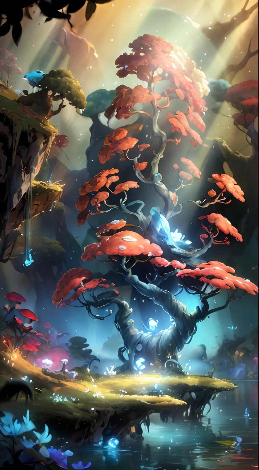 by Pino Daeni, by Ruan Jia, by Alayna Lemmer, by Carlo Galli Bibiena, spiritual tree, twilight ray, golden light, starry, forest with water and rock and bright mushroom, (Ori and the Blind Forest), (Ori and the Will of the Wisps), 2D game, digital art, realistic proportions, sharp focus, (HDR), (8k), (gigapixel), ((masterpiece))