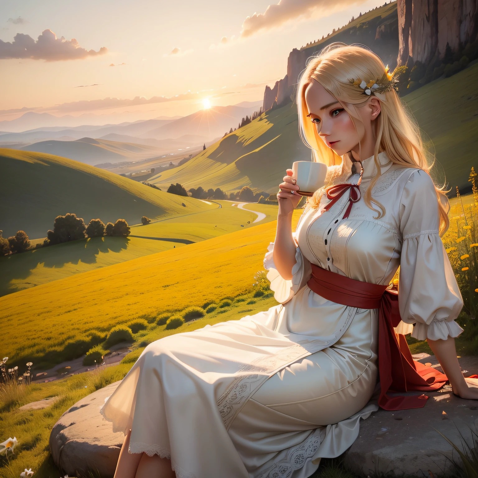 There is a beautiful blonde girl at a meadow herding sheep, she has a beautiful white dress with a red sash at the waistline of the dress, she is sitting on a rock and drinking a cup of tea, sunset is giving the scene a beautiful vibrant yellowish color