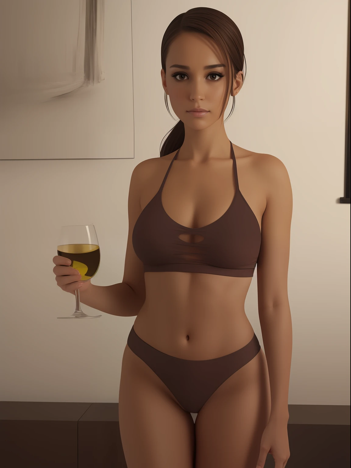 She looks a bit like Jessica Alba, Beautiful Brazilian girl, brown hair in a ponytail, 18 years old, beautiful thin figure symmetrical eyes, (beautifully detailed face, beautiful detailed eyes), dramatic lighting, (photo realism:1. 4), realistic, sharp focus, HD, highly complex, intricate, photography, hyperrealism, hyperrealistic, raytracing, physics-based rendering, ((8k, RAW photo, masterpiece), High detail RAW color photo, (highest quality), (best shadow), (best illustration), ultra high resolution, highly detailed CG unified 8K wallpapers), rim lighting, vivid color, post-processing, vibrant, color grading, She is tasting white wine in a wine bar, wearing tight leggings and a sports bra, showing her ass, holding a glass of white wine