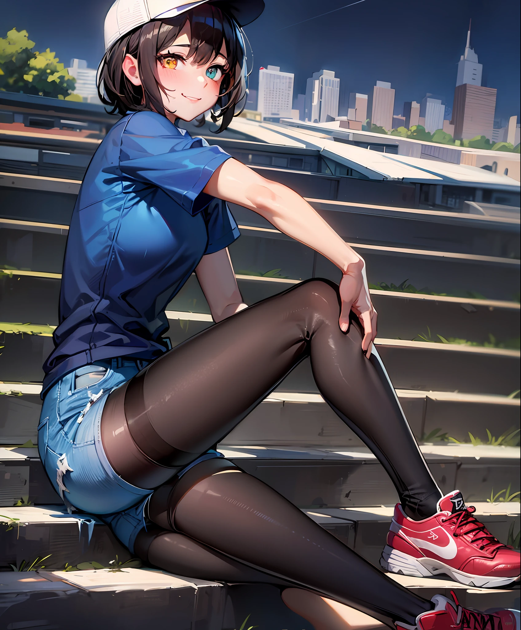 masterpiece, best quality, absurdres, perfect anatomy, 1girl, solo, YunaFFX, heterochromia, short hair, baseball cap, graphic tee, denim shorts, pantyhose under shorts, sitting, stairs, sneakers, from side, smile, city scene