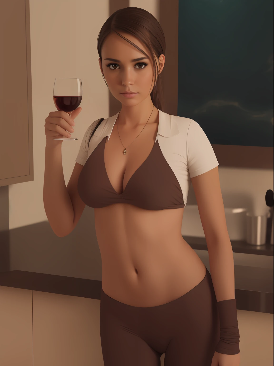 She looks a bit like Jessica Alba, Beautiful Brazilian girl, brown hair in a ponytail, 18 years old, beautiful thin figure symmetrical eyes, (beautifully detailed face, beautiful detailed eyes), dramatic lighting, (photo realism:1. 4), realistic, sharp focus, HD, highly complex, intricate, photography, hyperrealism, hyperrealistic, raytracing, physics-based rendering, ((8k, RAW photo, masterpiece), High detail RAW color photo, (highest quality), (best shadow), (best illustration), ultra high resolution, highly detailed CG unified 8K wallpapers), rim lighting, vivid color, post-processing, vibrant, color grading, She is tasting white wine in a wine bar, wearing tight leggings and a sports bra, showing her ass, holding a glass of white wine