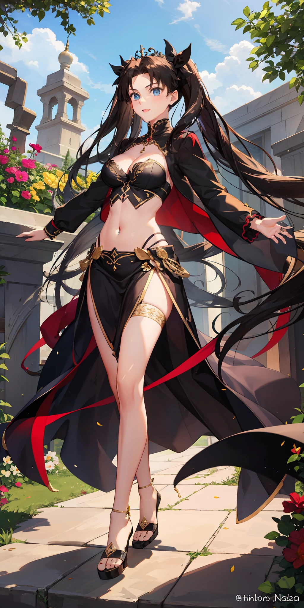 long hair, black hair, medium breast, slim legs, happy, bluish gown, cleavage, arabian belly dancer , short skirt, rin tohsaka, twin tail, navel, garden, blue eyes, tiara, standing, thigh high socks, sunlight