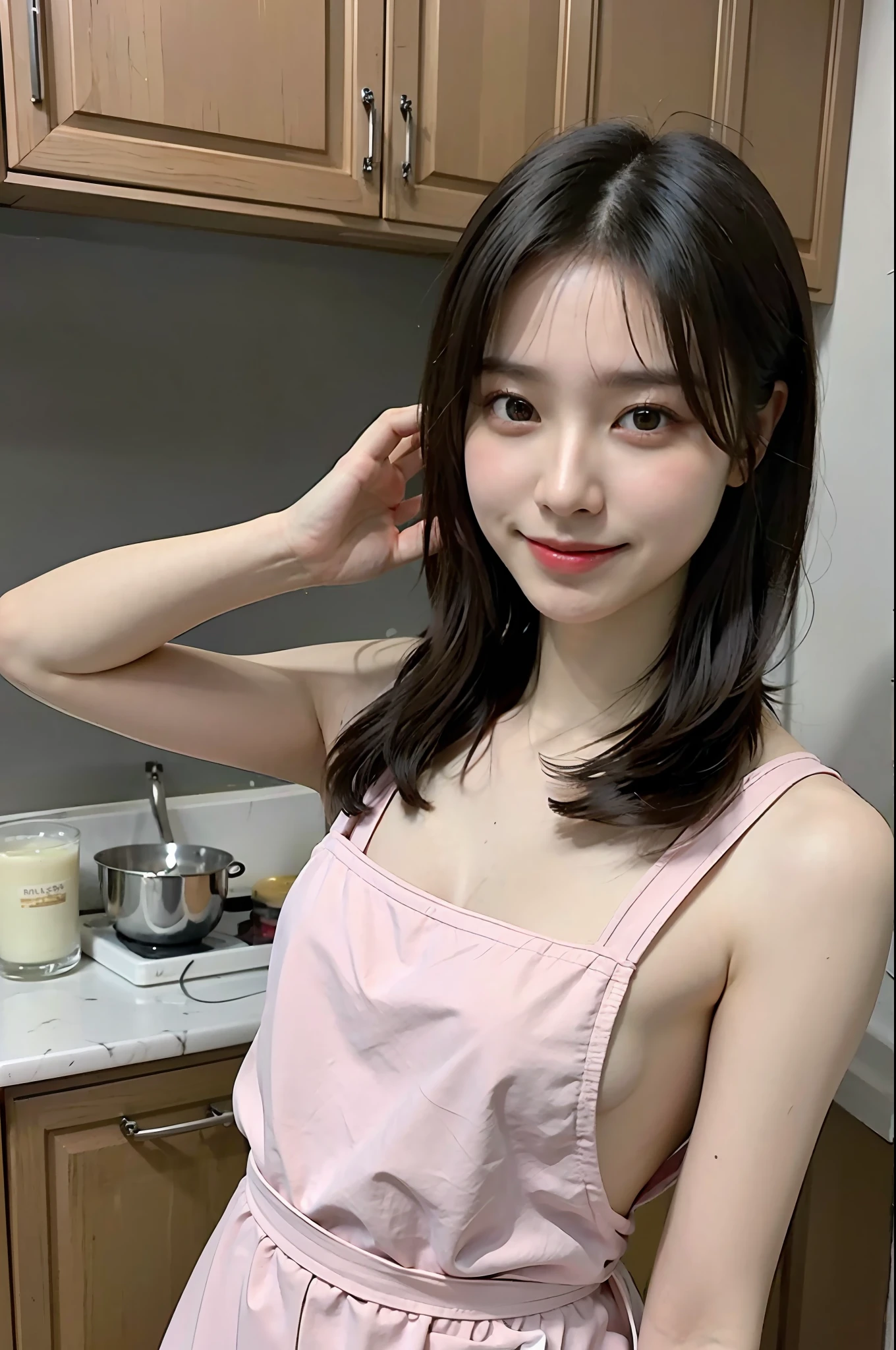 a woman is cooking、(kitchin_Apron:1.Wear 3)、Good Hand、4K、hight resolution、​masterpiece、top-quality、Cap:1.3、((Hasselblad photo))、Fine skin、foco nítido、(lighting like a movie)、Soft lighting、dynamic ungle、[:(详细的脸:1.2):0.2]、Medium chest、sweats streamed skin:1.2、(((In the kitchen))) Cute smile　Viewer's Perspective　Colossal tits　Tying hair　Sleeveless　Put out your upper arm　Shoulders are sticking out　Cleanliness　Large kitchen　Beautiful kitchen　wine glasses　posterior view　Behind　backs　Raise and tie your hair　Very small apron　Short apron　No bra　Eros Face　facing front　Viewer's Perspective　A smile　huge tit