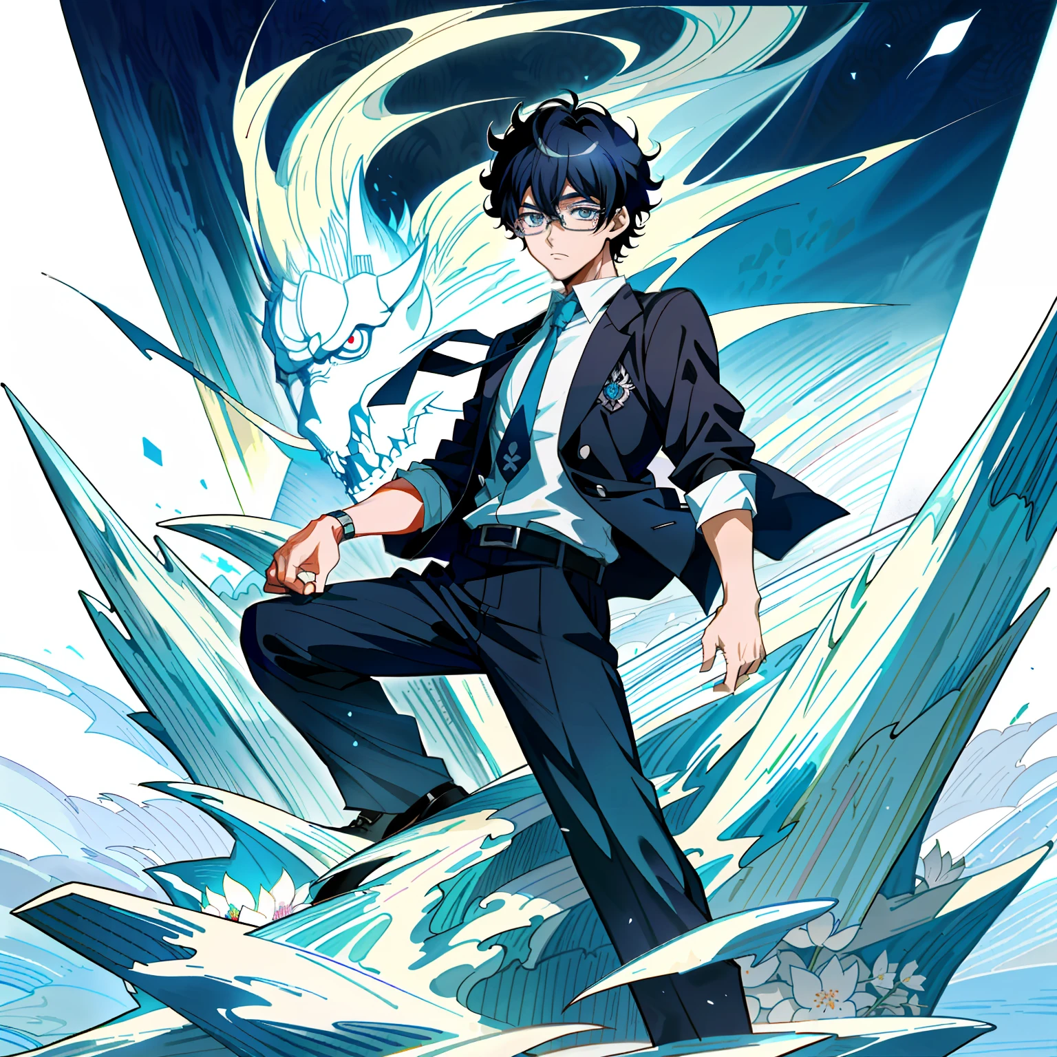 Anime drawing of a man with glasses and a tie, an anime drawing inspired by Okumura Togyu, Pisif, shin hanga, kentaro miura manga art style, Handsome anime pose, Beautiful androgynous prince, Tall anime guy with blue eyes, kentaro miura art style,ice field background,ice mountain,snowflower