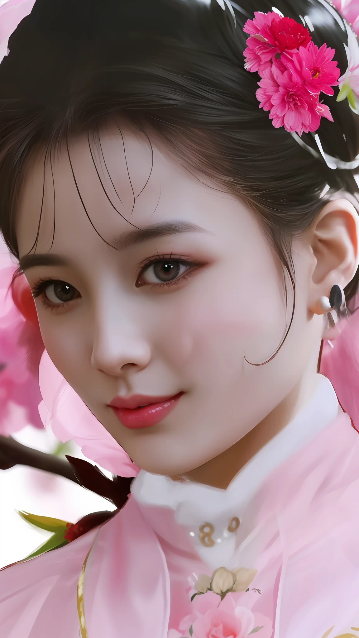 There was a woman in a pink dress,A flower stuck in his hair, Realistic cute girl painting, Beautiful digital artwork, Chinese girl, beautiful digital painting, beautiful digital art, Beautiful character painting, beautiful and realistic faces, Beautiful realistic face, Gorgeous digital painting, beautiful gorgeous digital art, lovely digital painting, Realistic beautiful face, Very Beautiful Digital Art, Realistic. Cheng Yi