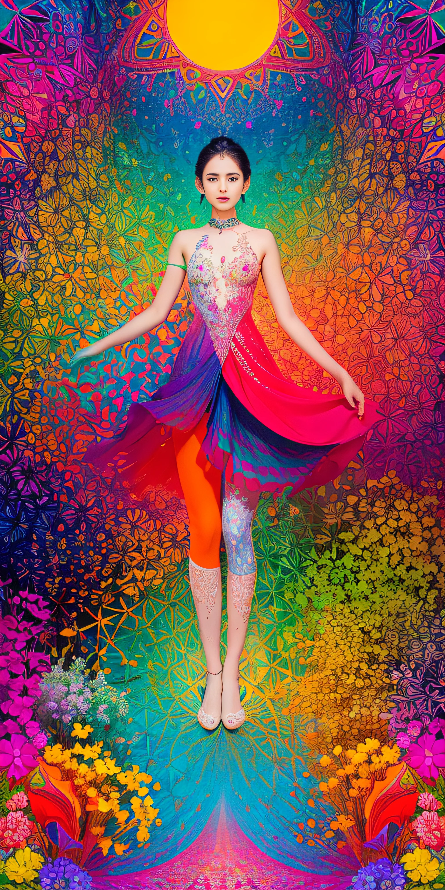 masterpiece,best quality,absurdres, highres, ultra detailed, 1girl, kaleidoscopic imagery, symmetrical patterns, vibrant colors, geometric shapes, mesmerizing designs, optical illusions, dynamic composition, pantomime art, expressive body language, silent storytelling, evocative gestures, visual narratives, theatrical performances, blooming flowers, colorful petals, fragrant scents, nature's bounty, vibrant gardens, peaceful scenery