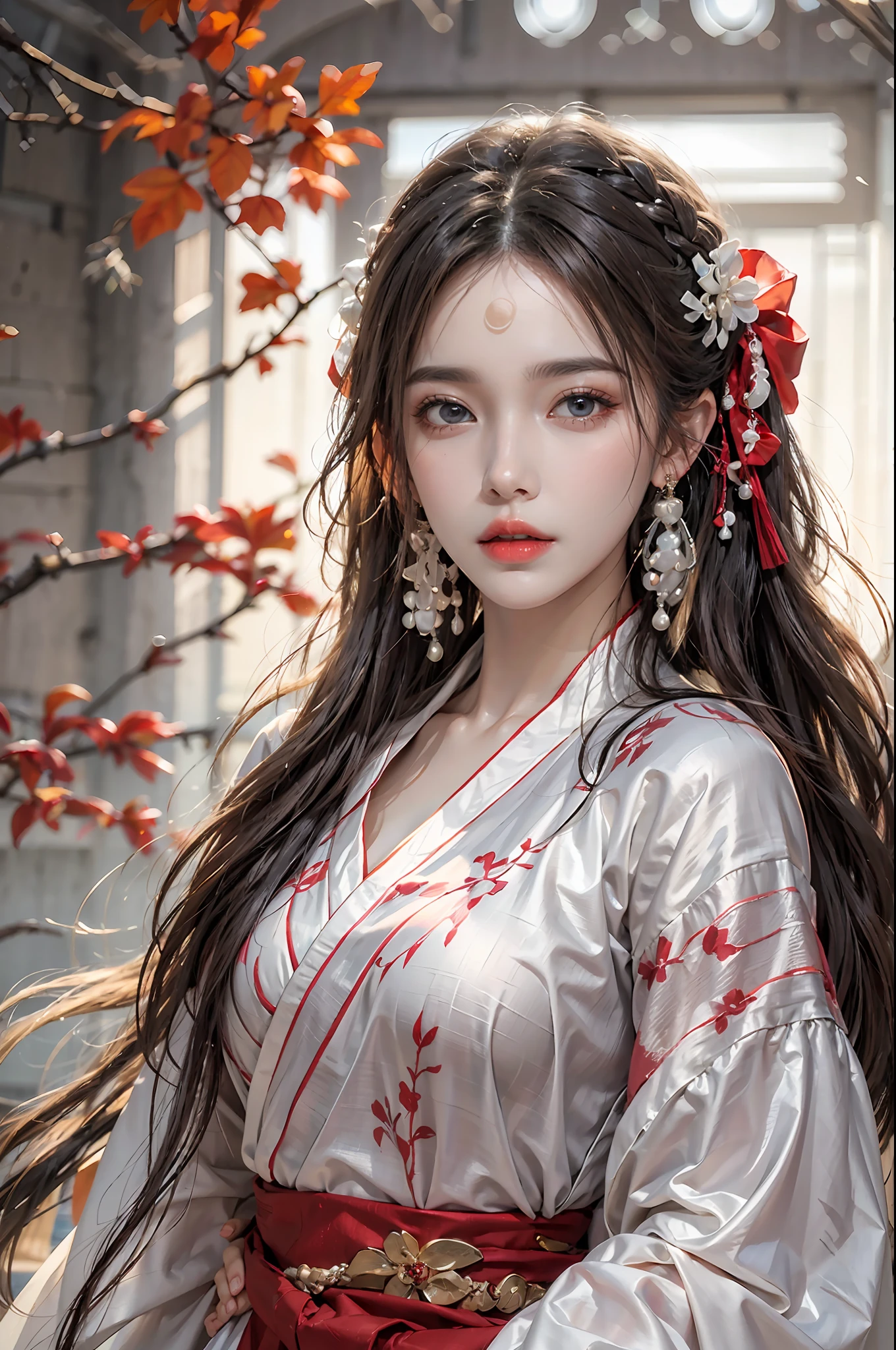 photorealistic, high resolution, 1 women, solo, hips up, beautiful eyes, long hair, red wedding hanfu, gorgeous accessories, wearing pearl earrings