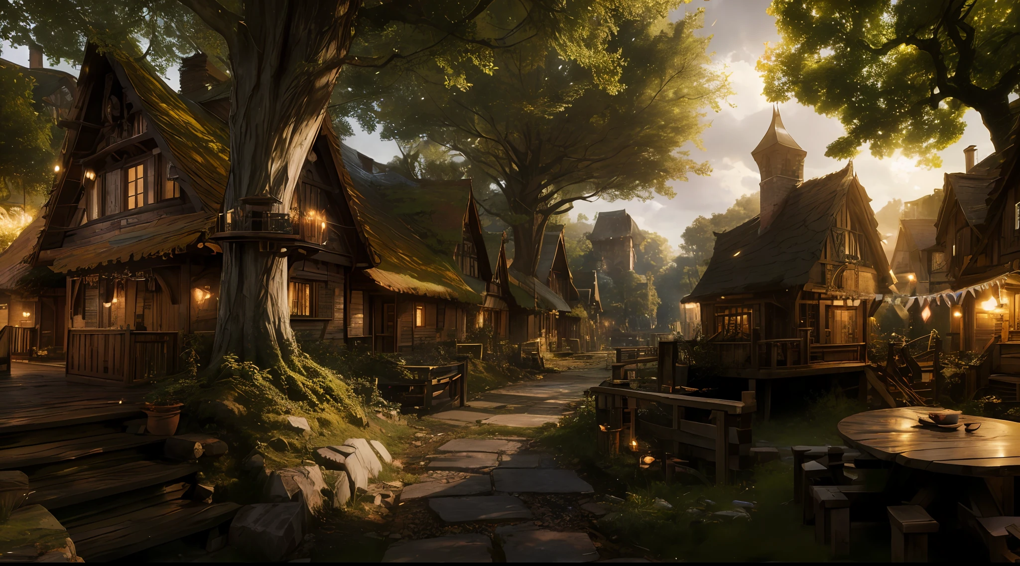 (ultra-detailed CG unity 8k wallpaper,masterpiece, best quality, depth of field, HDR, intricate), medieval elfen village deep in the forest, thick forest, tree houses, medieval fantasy, lushes green, from Brian Froud and Carne Griffiths and Wadim Kashin and John William Waterhouse, 8K post-production, high resolution, hiper detailed, trending in artstation, sharp-focus, Studio photo, from Greg Rutkowski