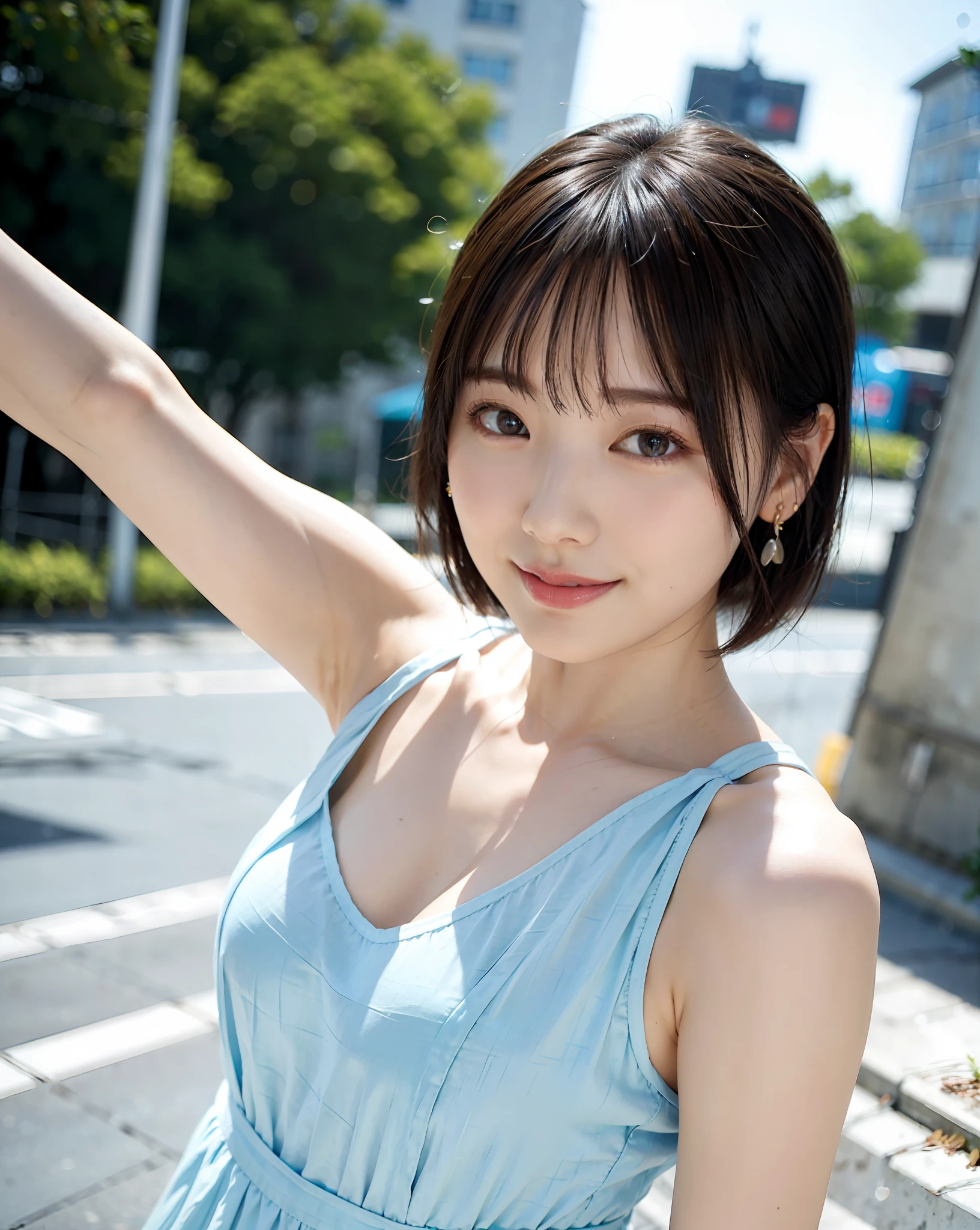 a woman posing on the street corner with light blue dress on, best quality, 1girl, large breasts, day, bright, blur background, bokeh, outdoor, (street:0.8), (people, crowds:1), (lace-trimmed dress:1.5, sleeveless dress, light blue clothes, light blue high-neck dress:1.2, blue dress: 1.5), gorgeous, (short hair, forehead:1.2), beautiful detailed sky, earrings, (dynamic pose:1.2), (upper body:0.8), soft lighting, wind, shiny skin, smile,