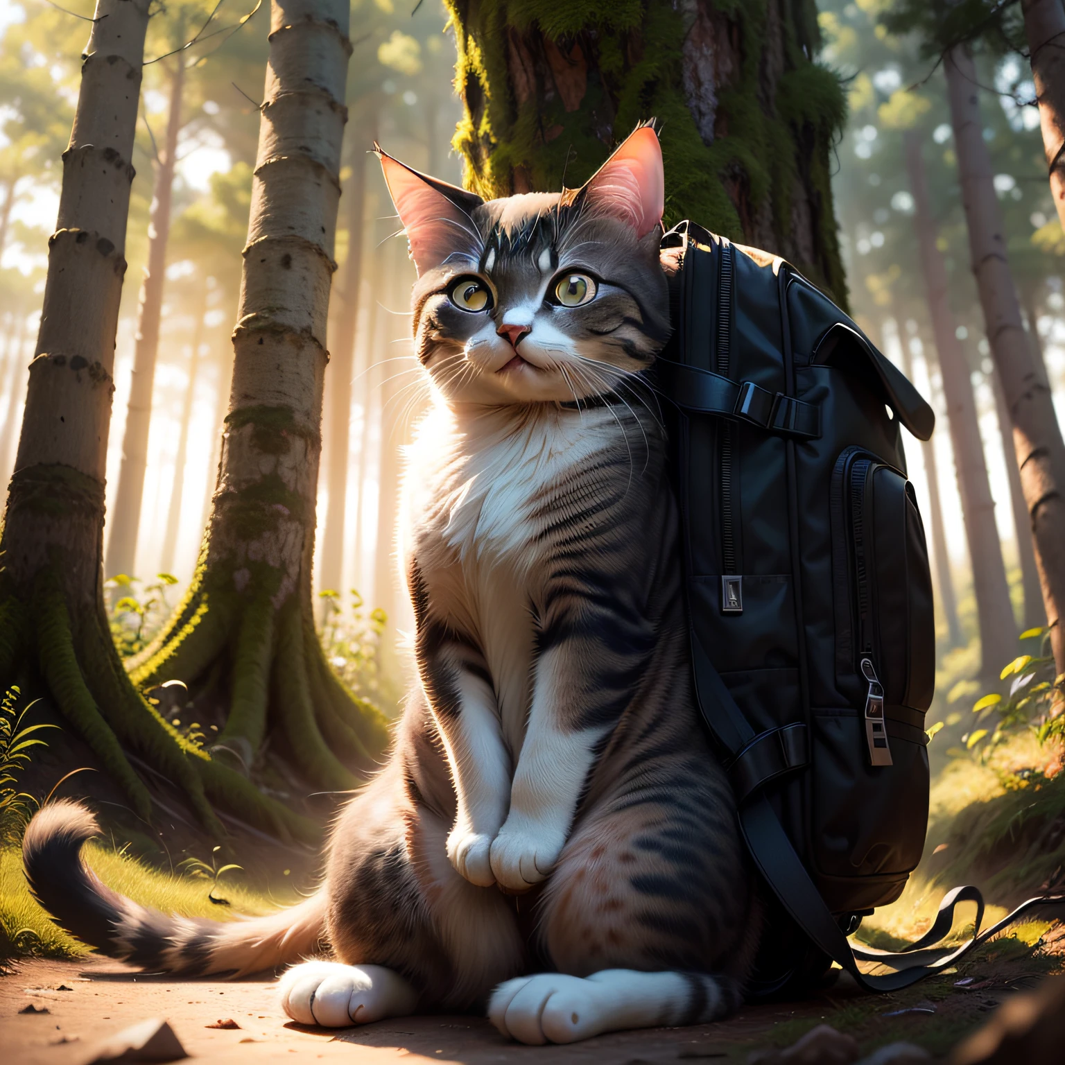 Photo of samurai cat backpack, Adventure up the mountain，Sunset，The contrast between light and shadow is obvious，Military operations，Real cats，adventure hyper realistic render, Cute detailed digital art, cat in the forest, lovely digital painting, highly realistic photograph, ultra-realistic picture, highly realistic concept art, Photorealistic art style, Super detailed and realistic, ultra realistic concept art, Arte conceptual fotorrealista，without humans