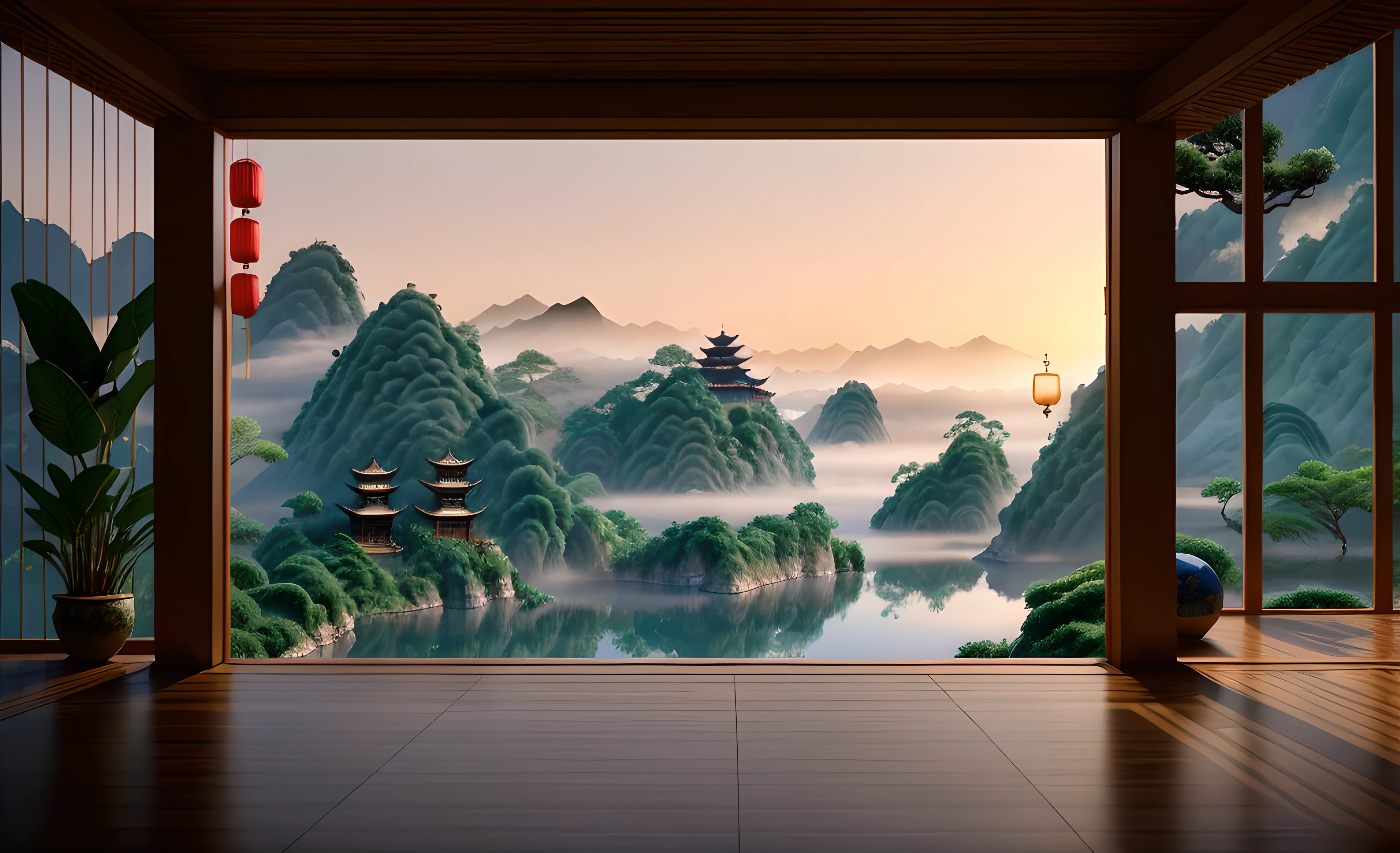 Outdoors during the day,Don't look at the night view,Best quality at best,highly detailed,tmasterpiece,ultra - detailed,extremely detailed CG unity 8k wal,tmasterpiece,best qualityer,Chinese martial arts style,There are water lilies,There are lanterns,There are boats in the water,Lake surface,lotuses,The beautiful,(( (Chinese martial arts style))), The sky is vast, Even the mountain cliffs, ink wash style, Contour light, Atmospheric atmosphere, depth of fields, The fog rises, bamboos, pines, Octagonal stone pavilion, Flying waterfalls,The interior is brightly lit