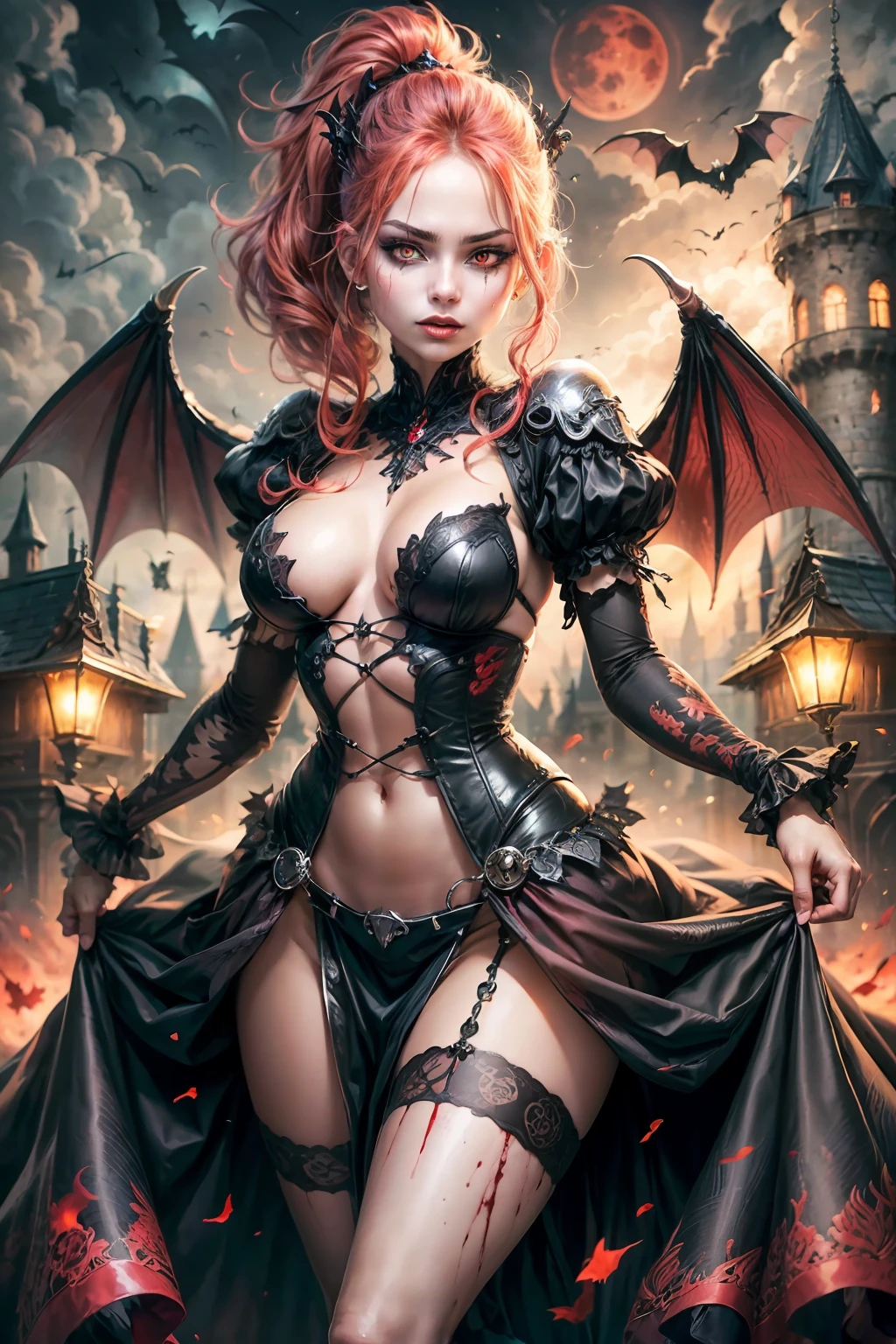 Medium shot, full body, sharp focus, girl focus (Best Illustration), 8k Resolution, Intricate Details, Best Quality, Realistic, Ultra Detailed, Best Lighting, Best Shadows, Ultra HD, BREAK A Necromancer, Night, dark Magical auras, Dark Style, Vampire, Bat wings, (( alot of bats flying around, fog, blood splash on the ground, blood moon, red sky, dark theme)), (shining red eyes:1.6),(blood on the body and face and eyes:1.2)BREAK masterpiece, high_res, Beautiful face, tyndall effect, photo realistic, (high detailed skin:1.2), 8k uhd, dslr, high quality, Photograph, high resolution,(extremely detailed), 8k, Bokeh, BREAK medium breasts, absurdres, ponytail contorted, best ratio four finger and one thumb, (gothic style castle background) , mature,tall body, gothic style dress