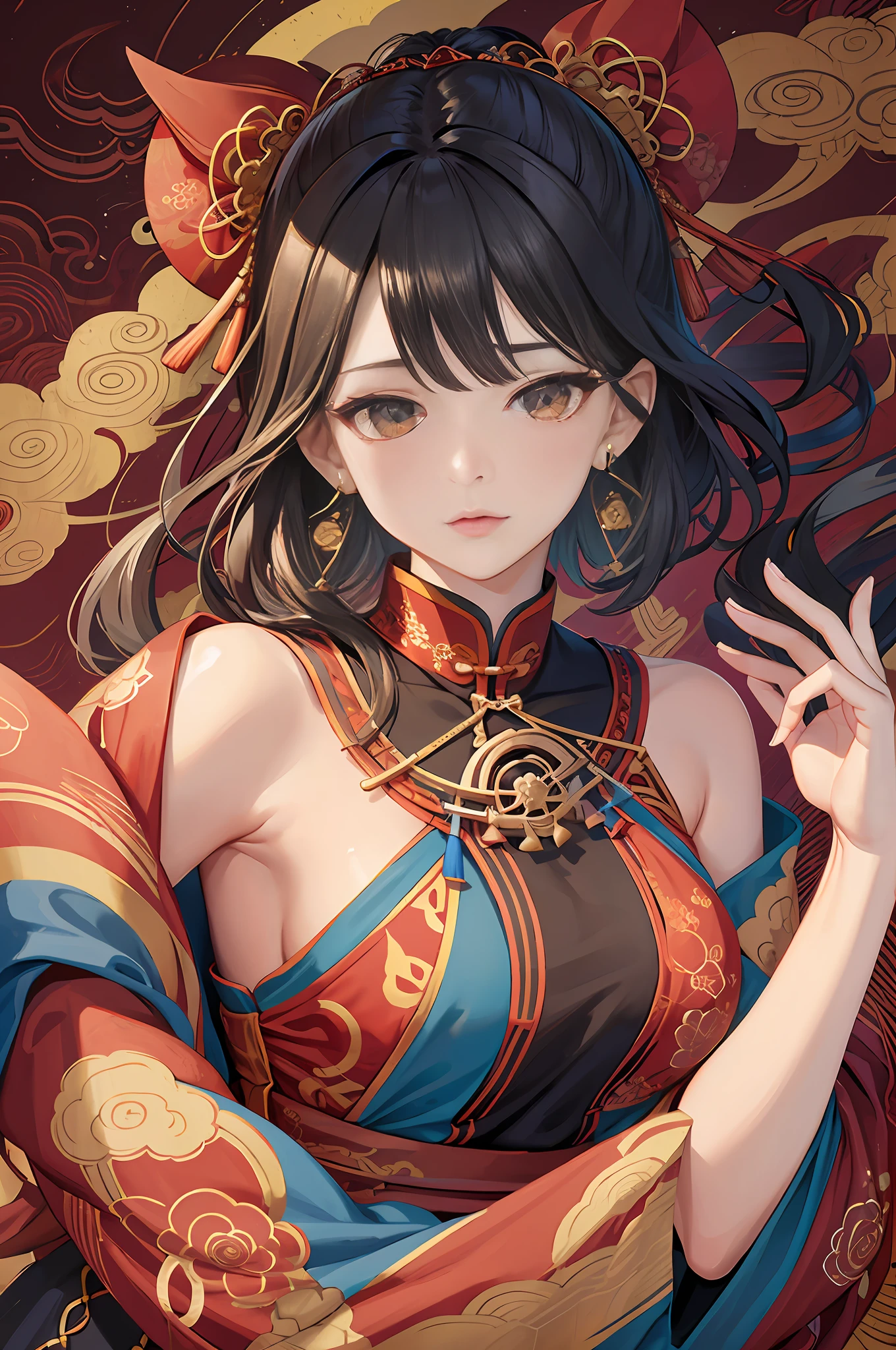 (tmasterpiece,top Quority,best qualtiy,offcial art,Beauty and aesthetics:1.2),(1girll:1.3),The is very detailed,(s fractal art:1.1),(a color:1.1)(blossoms:1.3),Most detailed,Red cheongsam,Climactic expression,facing to audience,Exquisite facial features,tear-mole( zentangle:1.2), (Dynamic pose), (abstract backgrounds:1.3), (Chinese Traditional Cloth:1.2), (Shiny skin), (many color:1.4), ,(Earrings:1.4),8K