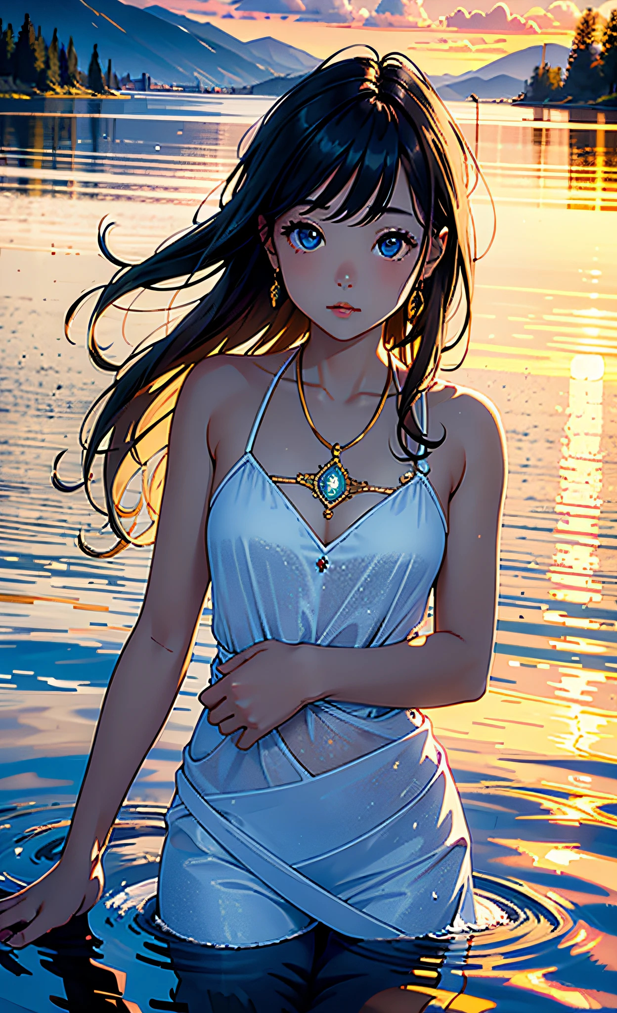 1 girl, serene expression, mesmerizing eyes, straight long hair, flowing dress, poised posture, porcelain skin, subtle blush, crystal pendant
BREAK
golden hour, (rim lighting):1.2, warm tones, sun flare, soft shadows, vibrant colors, painterly effect, dreamy atmosphere
BREAK
scenic lake, distant mountains, willow tree, calm water, reflection, sunlit clouds, peaceful ambiance, idyllic sunset, ultra detailed, official art, unity 8k wallpaper
, zentangle, mandala