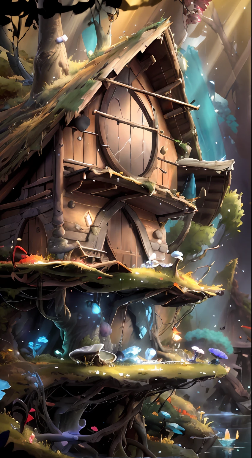 author:Pino Daeni,author:Ruan Jia,author:Alayna Lemmer,author:Carlo Galli Bibiena,Mushroom tree house,twilight rays,Golden light,starrysky,Forest with water and rocks and bright mushrooms,(Ori and the Blind Forest),(ori and the will of the wisps),2 d game,number art,realisitc proportions,Sharp focus,(HDR),(8k),(gigapixel),((tmasterpiece))