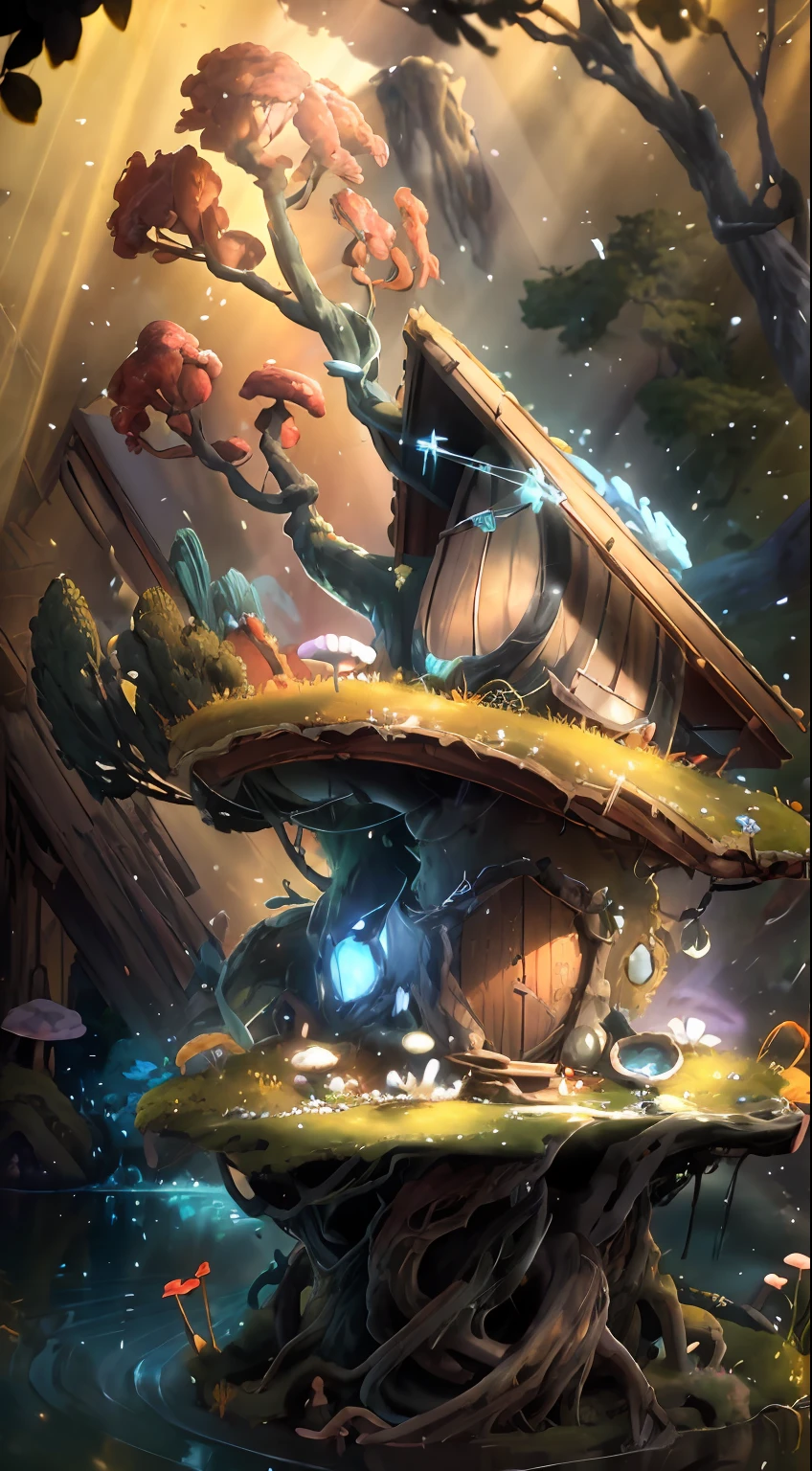 author:Pino Daeni,author:Ruan Jia,author:Alayna Lemmer,author:Carlo Galli Bibiena,Mushroom tree house,twilight rays,Golden light,starrysky,Forest with water and rocks and bright mushrooms,(Ori and the Blind Forest),(ori and the will of the wisps),2 d game,number art,realisitc proportions,Sharp focus,(HDR),(8k),(gigapixel),((tmasterpiece))