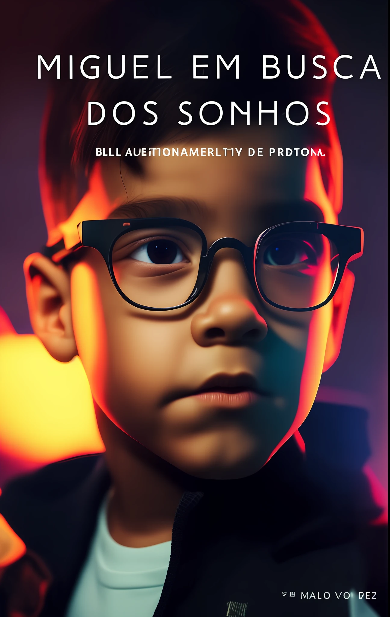 A closeup of a child wearing glasses with a neon background, blusa de moleton vermelha e preta, pele marron claro